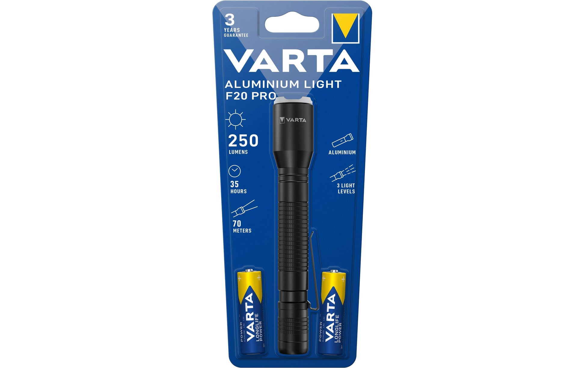 Varta Taschenlampe Aluminium Light F20 Pro – 250 lm, 70 m, Batteriebetrieb, 2× AA, 35 h Laufzeit – Silber