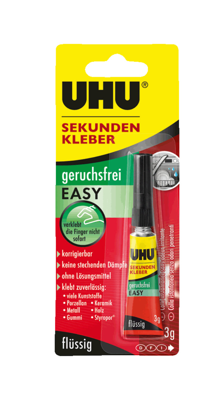 UHU Easy Sekundenkleber – permanent, transparent, lösemittelfrei, schnelltrocknend, 3 g, für glatte Materialien