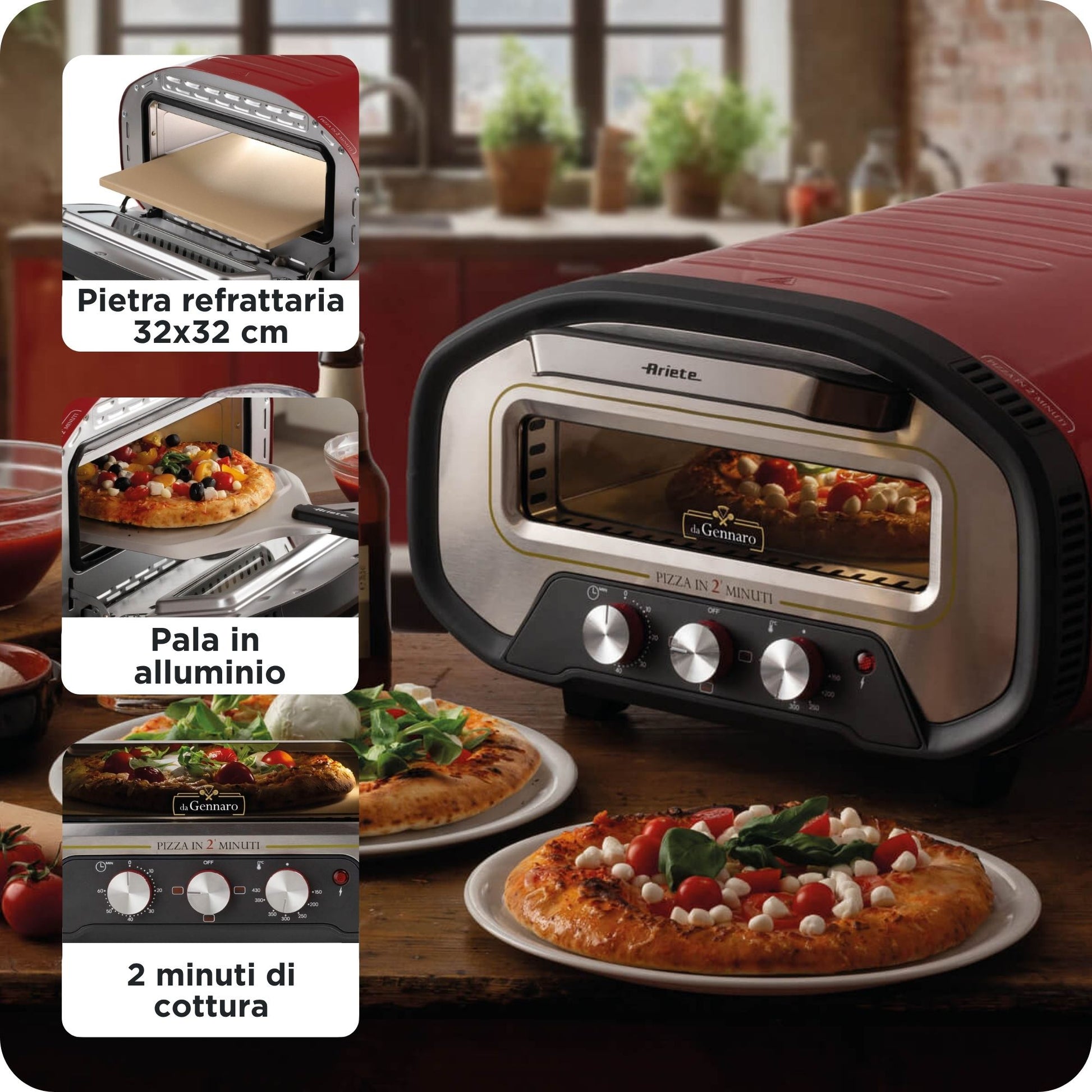Ariete Pizzaofen ARI-3901 – 1 Pizza, 32 × 32 cm, 2200 W – rot/silber