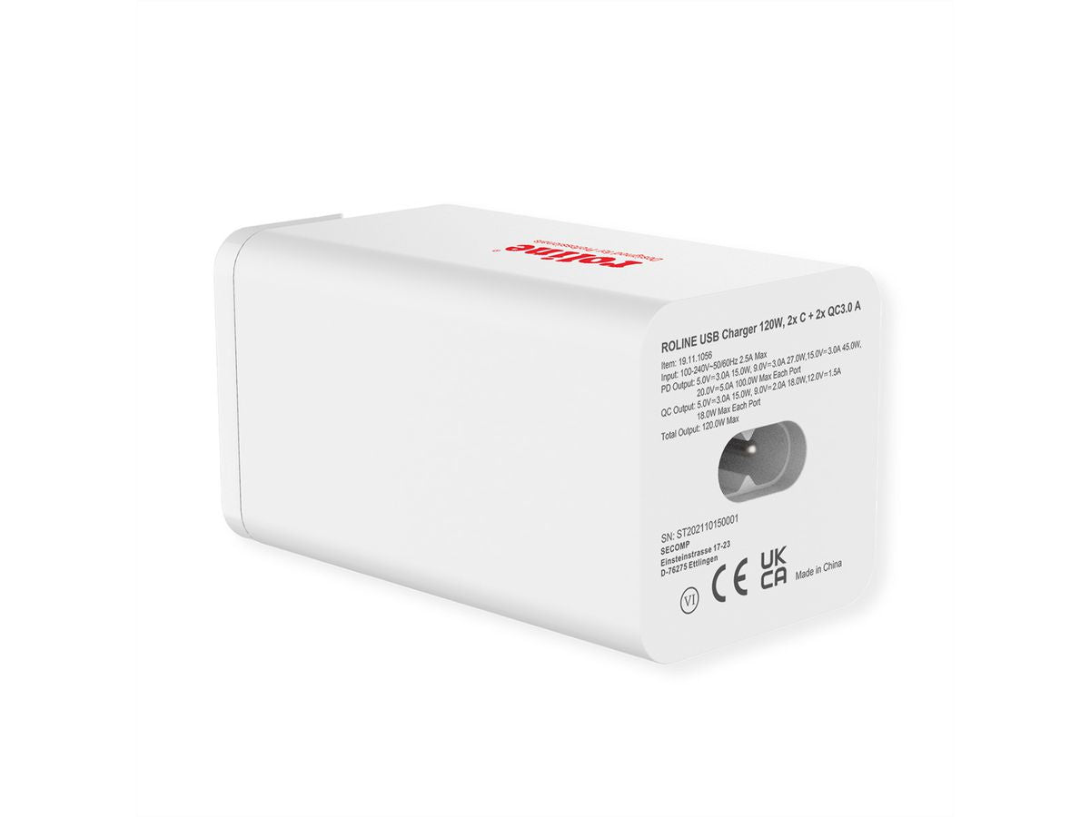 ROLINE USB-Ladegerät 120 W – USB-C×2, USB-A×2 – PD, QC 3.0 – EU-Stecker (Typ C) – Weiss
