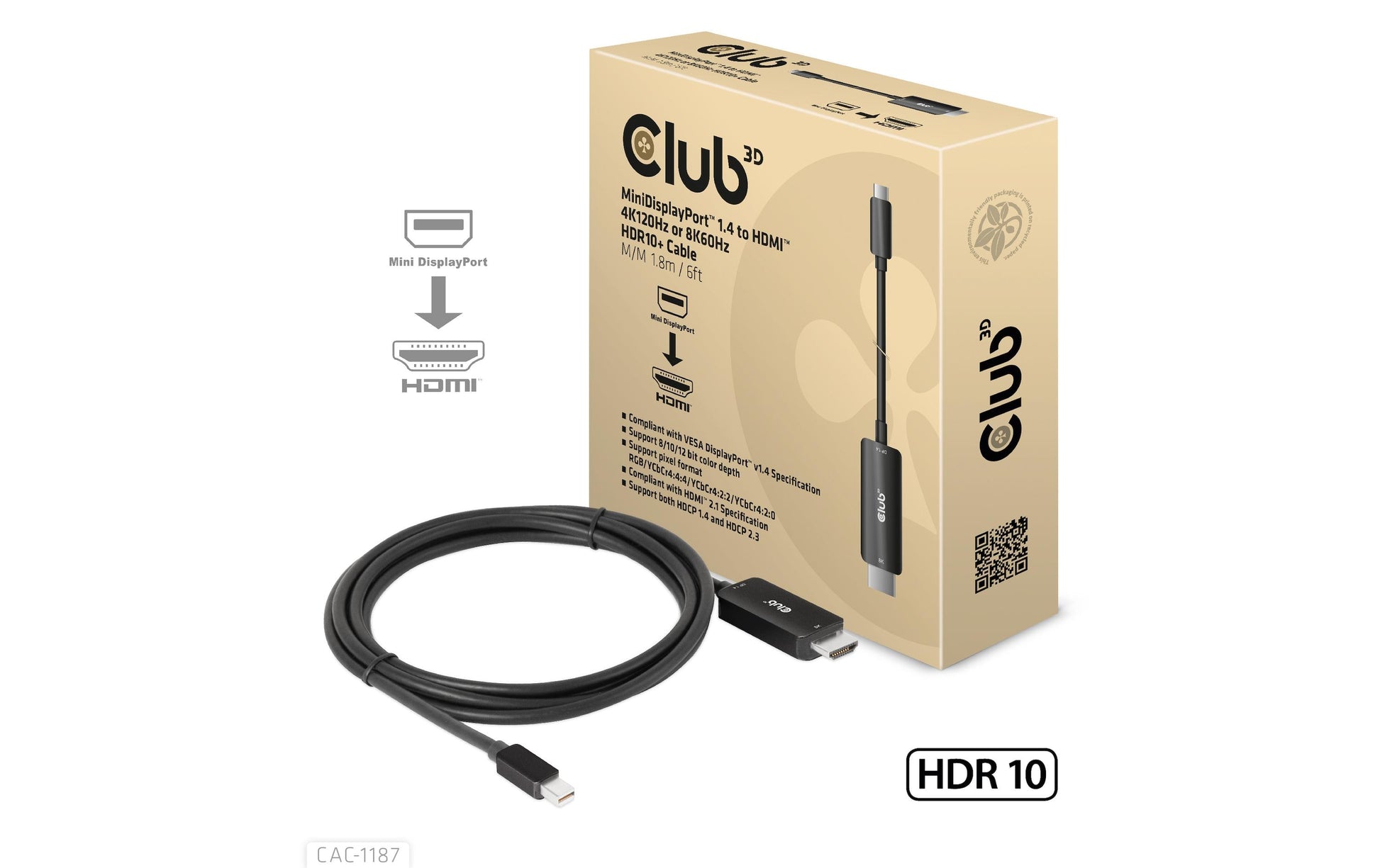 CLUB3D Mini DisplayPort auf HDMI Kabel HDMI 2.1 8K 60 Hz – 1,8 m – HDR – für Windows, Mac