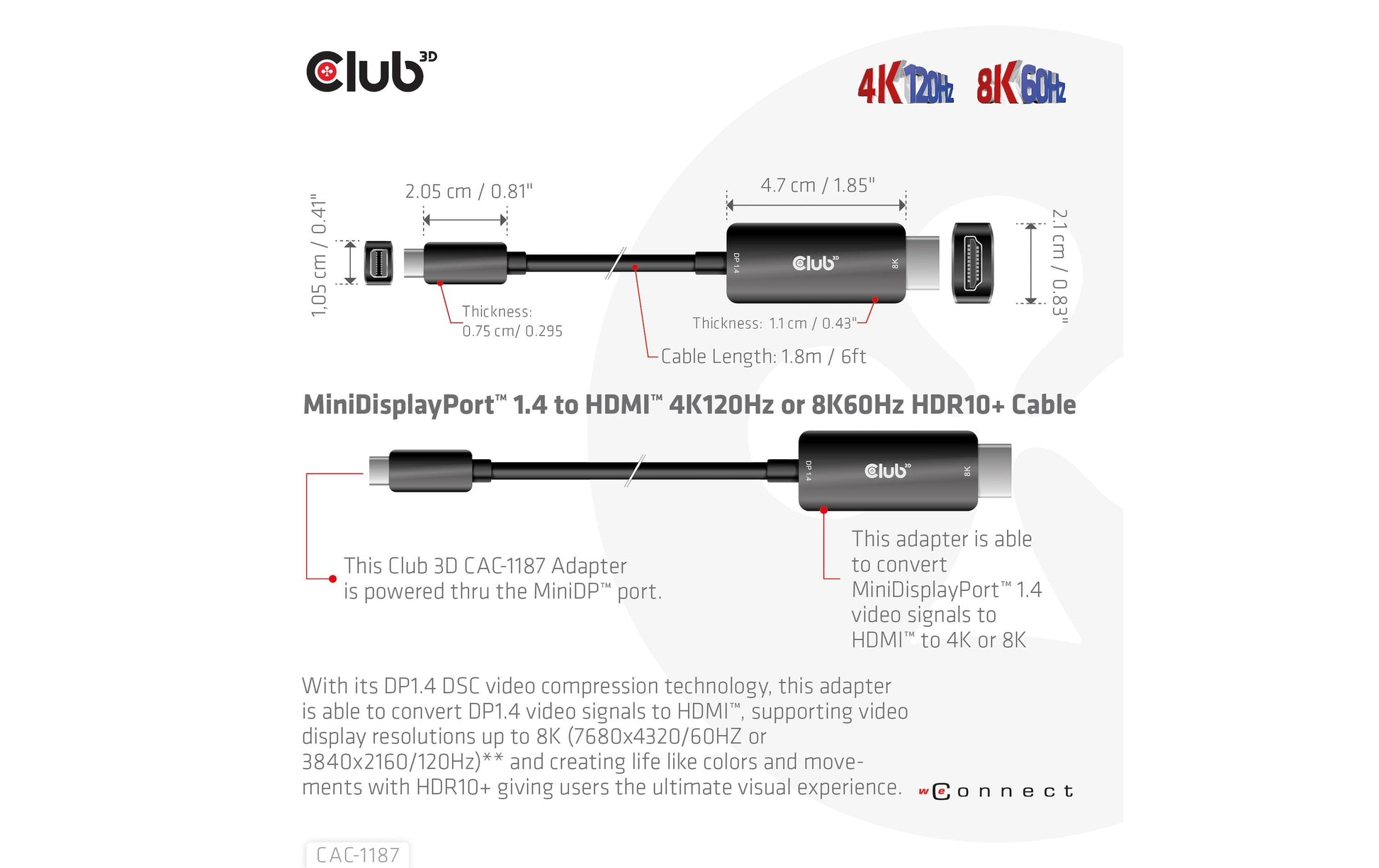 CLUB3D Mini DisplayPort auf HDMI Kabel HDMI 2.1 8K 60 Hz – 1,8 m – HDR – für Windows, Mac