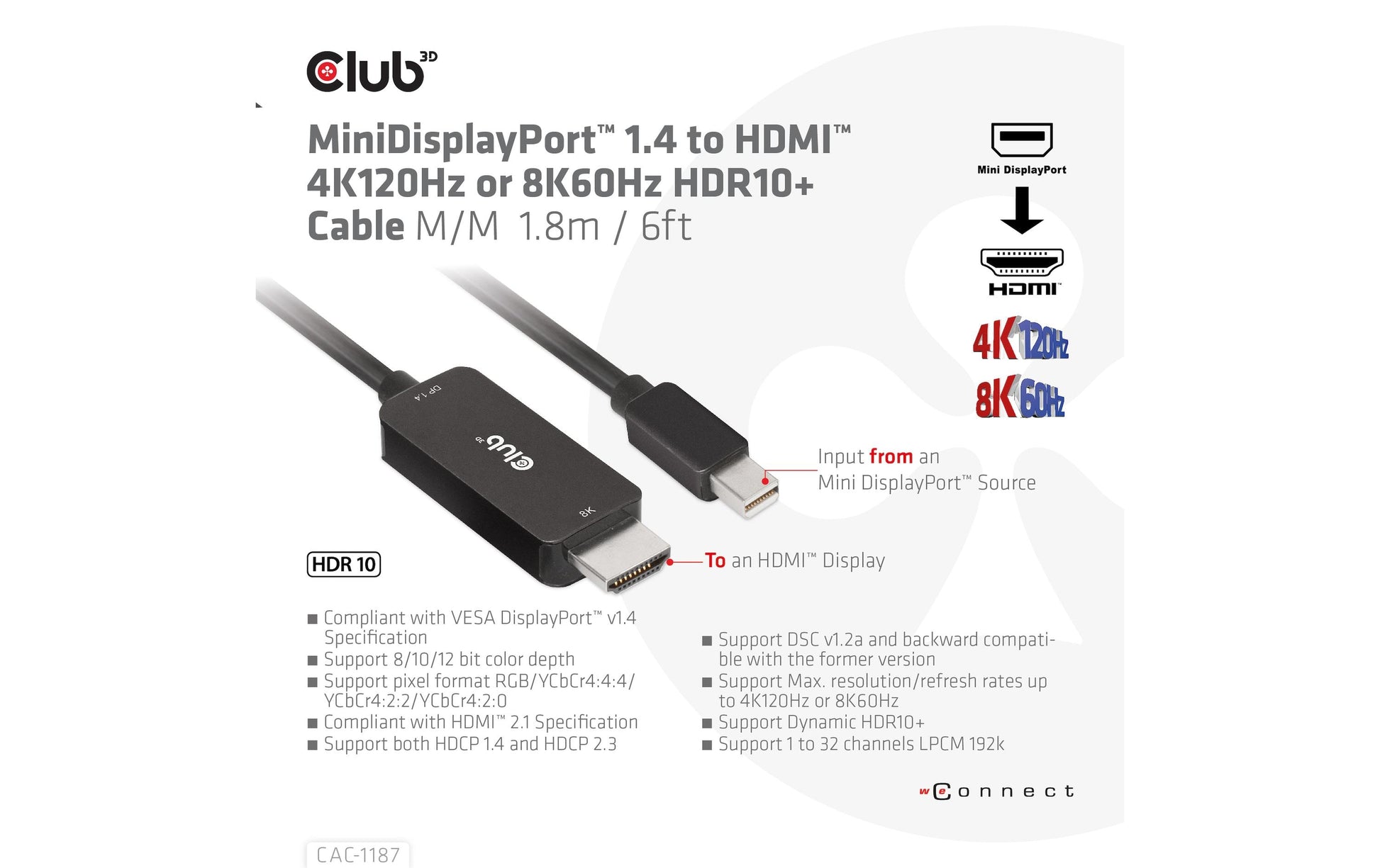 CLUB3D Mini DisplayPort auf HDMI Kabel HDMI 2.1 8K 60 Hz – 1,8 m – HDR – für Windows, Mac