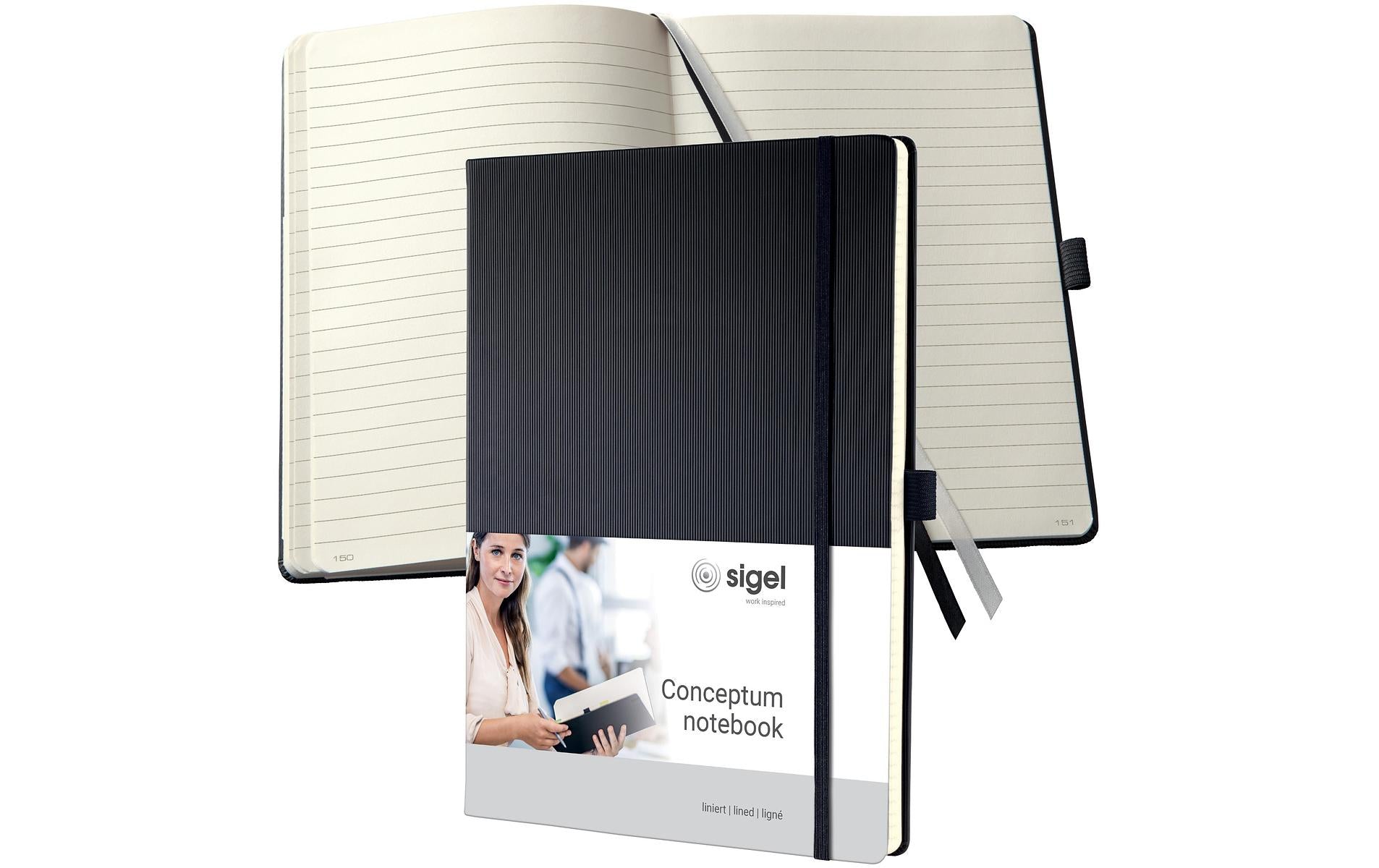 Sigel Notizbuch Conceptum, 213 × 295 mm, liniert, Fadenheftung, 194 Seiten, 80 g/m² – schwarz