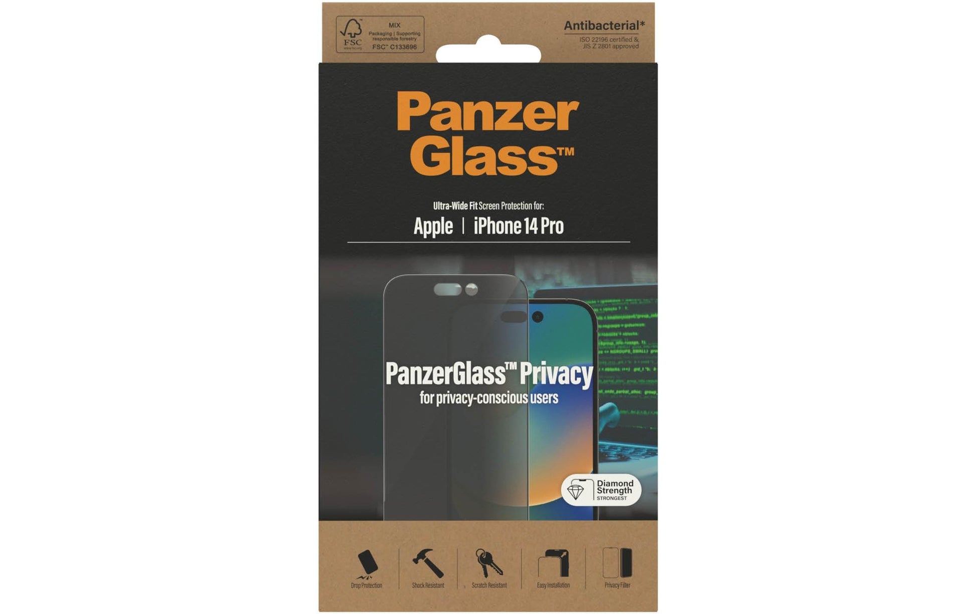 PanzerGlass Privacy-Filter (Panzerglas), Ultra-Weit Passform – für iPhone 14 Pro