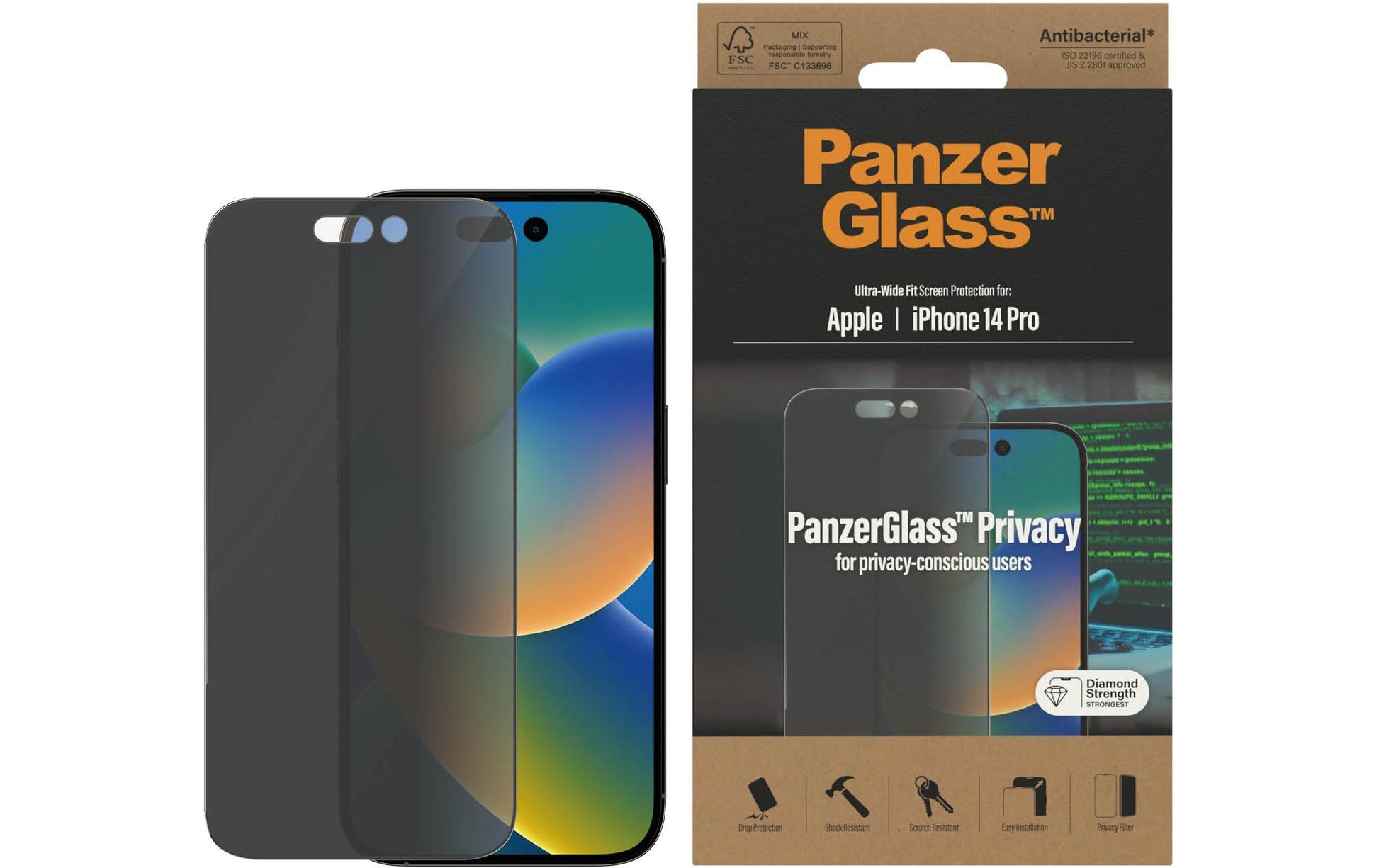 PanzerGlass Privacy-Filter (Panzerglas), Ultra-Weit Passform – für iPhone 14 Pro