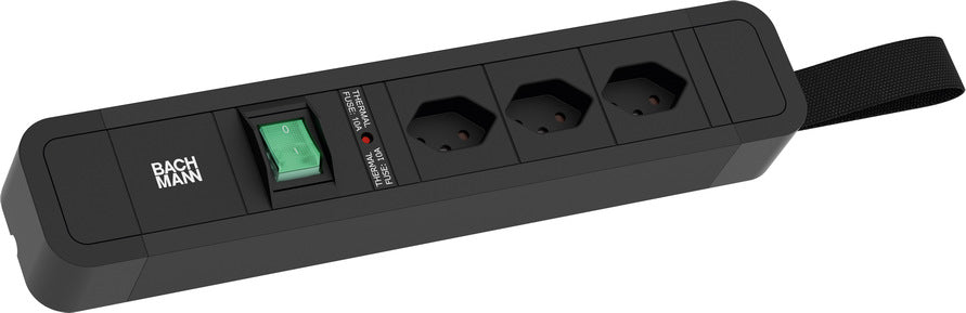 Bachmann PRIMO 2 Steckdosenleiste, 3×T13, mit Schalter, 2 m, 90° Steckdosen, Thermosicherung – Schwarz