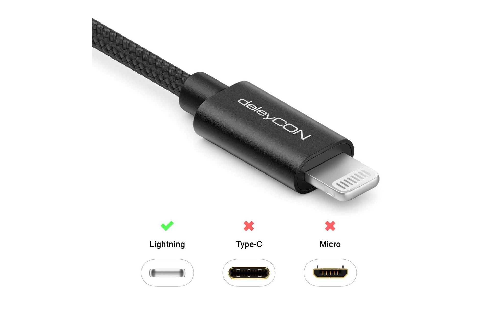 deleyCON USB-A auf Lightning Kabel, 0,50 m, Schwarz, geflochten (Nylon) – für iPhone 5, 5c, 5s, u. a.