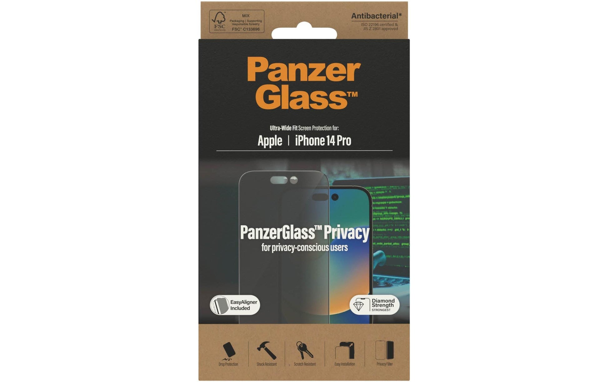 PanzerGlass Privacy-Filter (Panzerglas), Ultra-Wide Fit – für iPhone 14 Pro – mit Applikator