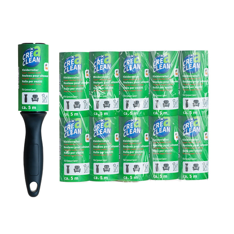 CREaCLEAN Fusselroller – Papier/ABS, Schwarz – 1 Griff, 10 Ersatzrollen – 23,0 × 13,5 × 4,5 cm