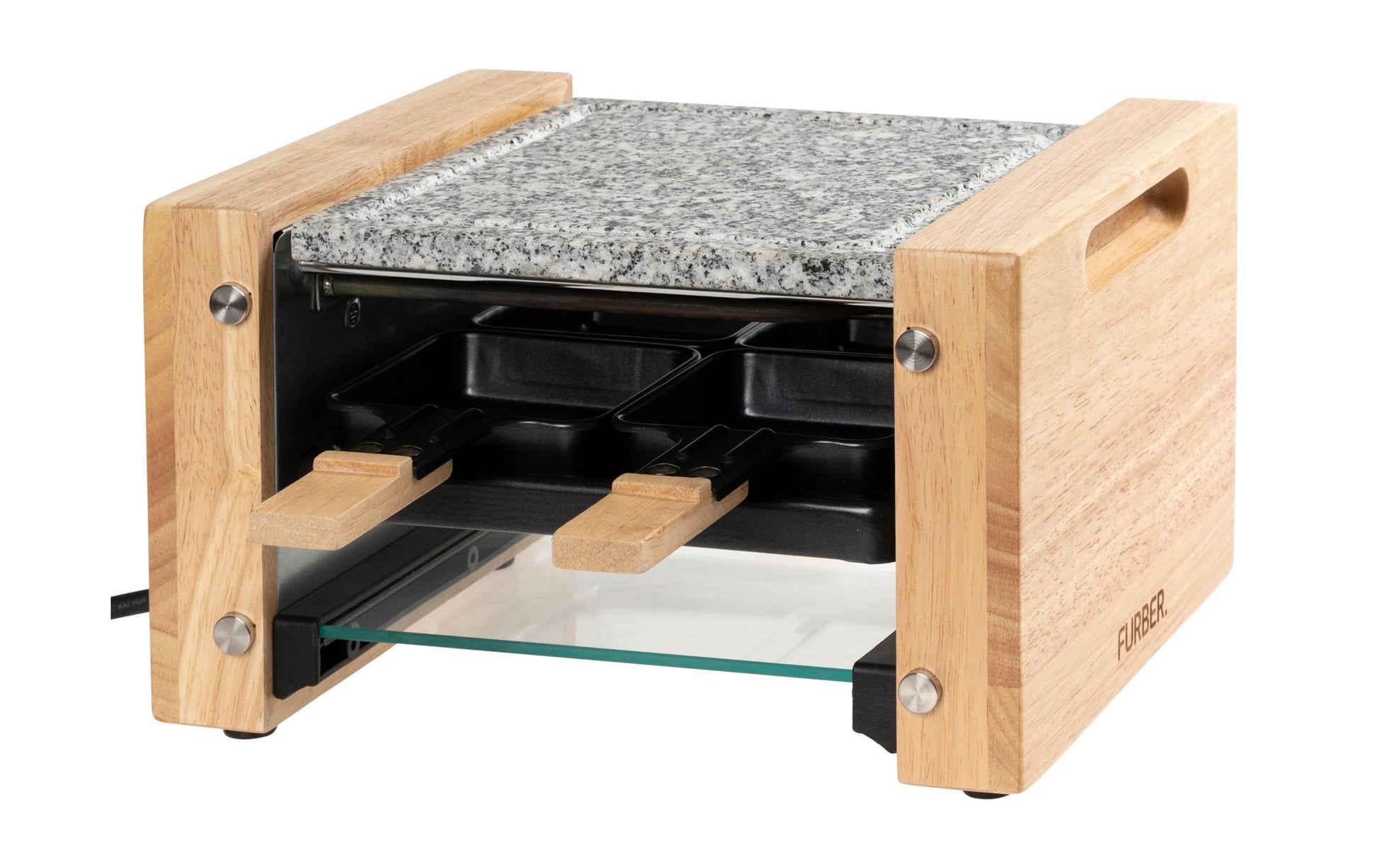 Furber. Furber Raclette-Grill Festa – 4 Personen, Steinplatte, 650 W – Schwarz/Marmor/Holz