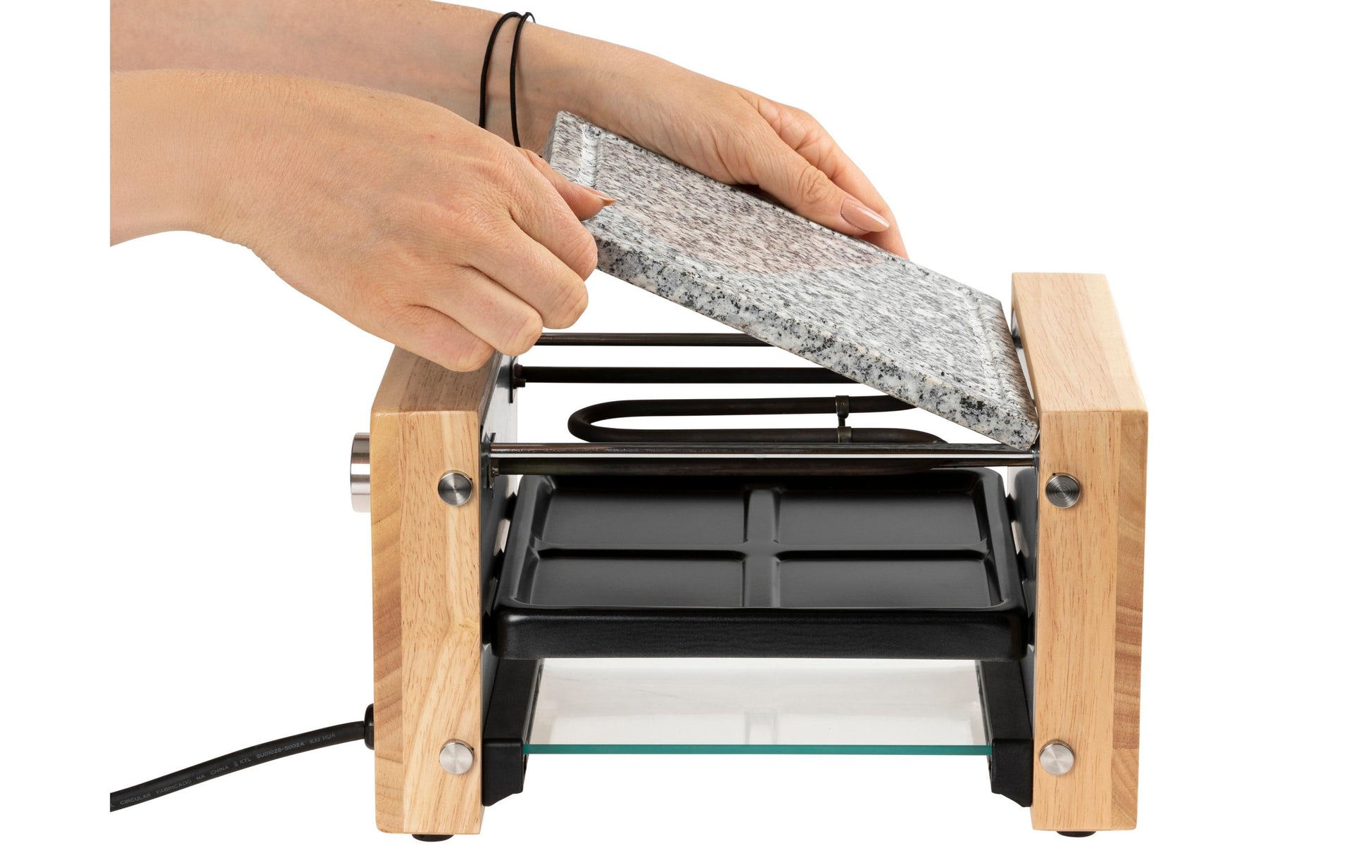 Furber. Furber Raclette-Grill Festa – 4 Personen, Steinplatte, 650 W – Schwarz/Marmor/Holz
