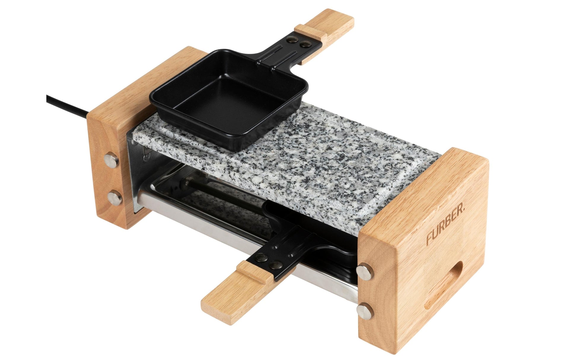 Furber. Furber Raclette-Grill Festa F00793 – 2 Personen, 350 W, Stein-Grillplatte – Schwarz/Marmor/Holz