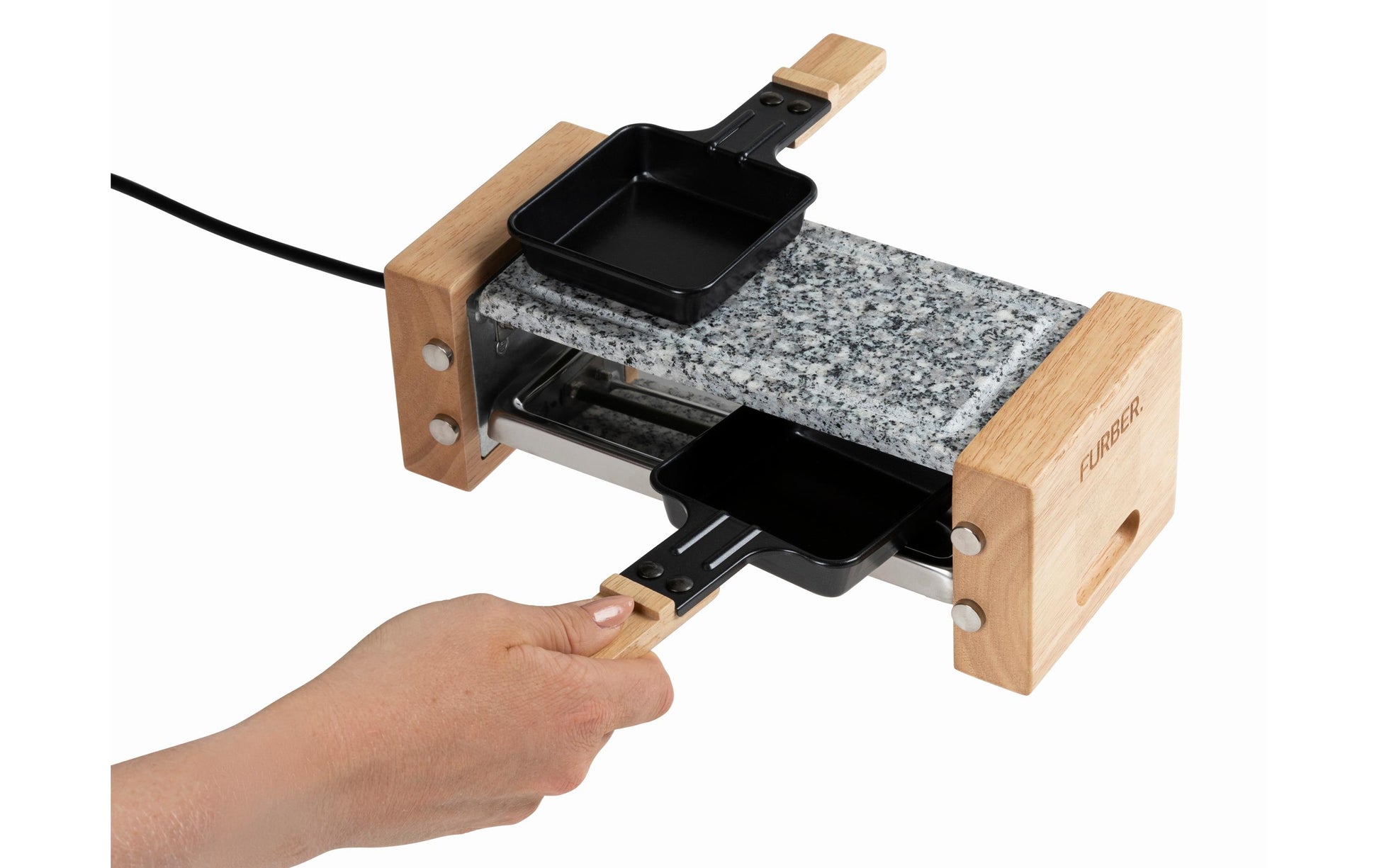 Furber. Furber Raclette-Grill Festa F00793 – 2 Personen, 350 W, Stein-Grillplatte – Schwarz/Marmor/Holz