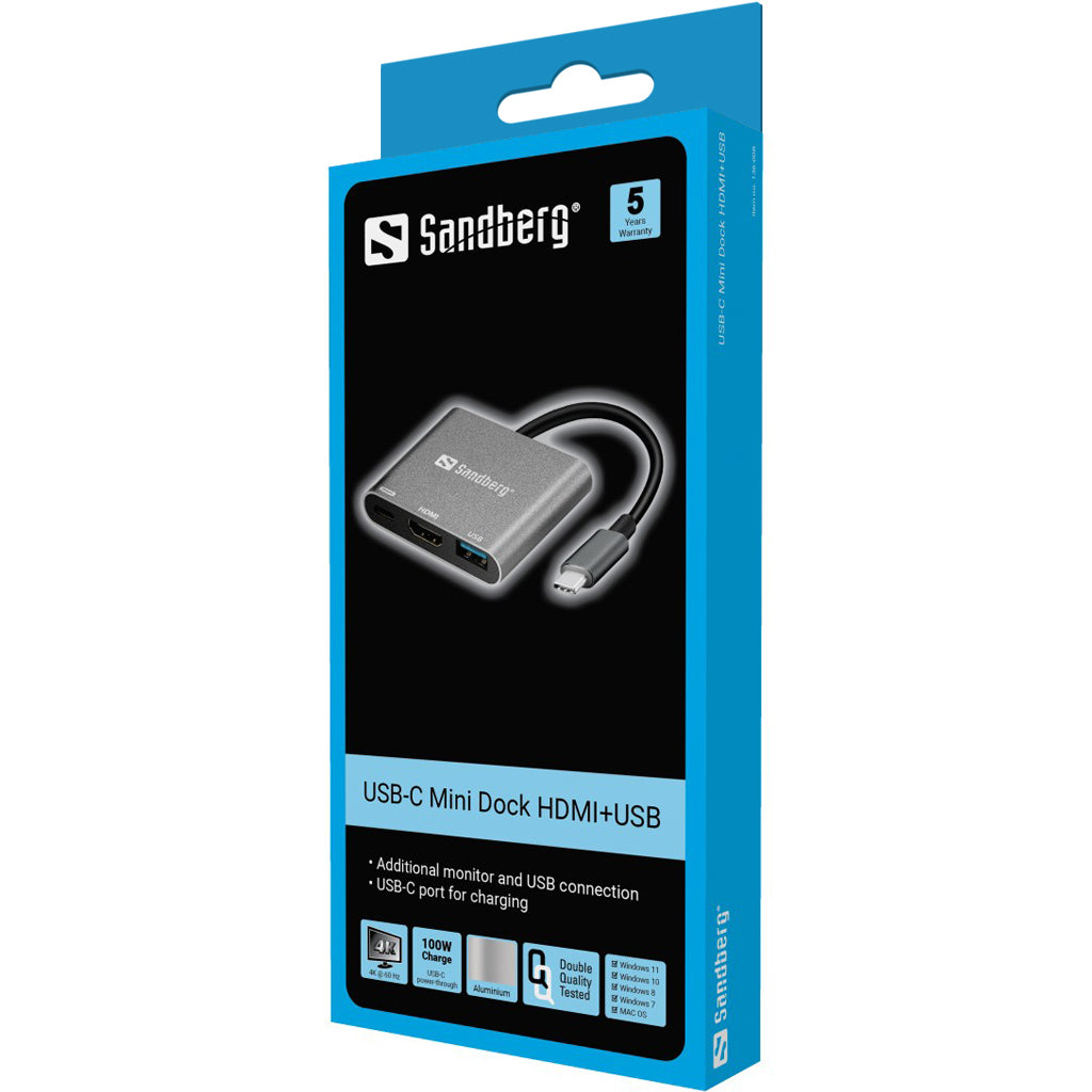Sandberg Multiport-Adapter – USB-C, HDMI, USB-A, für Windows/Mac