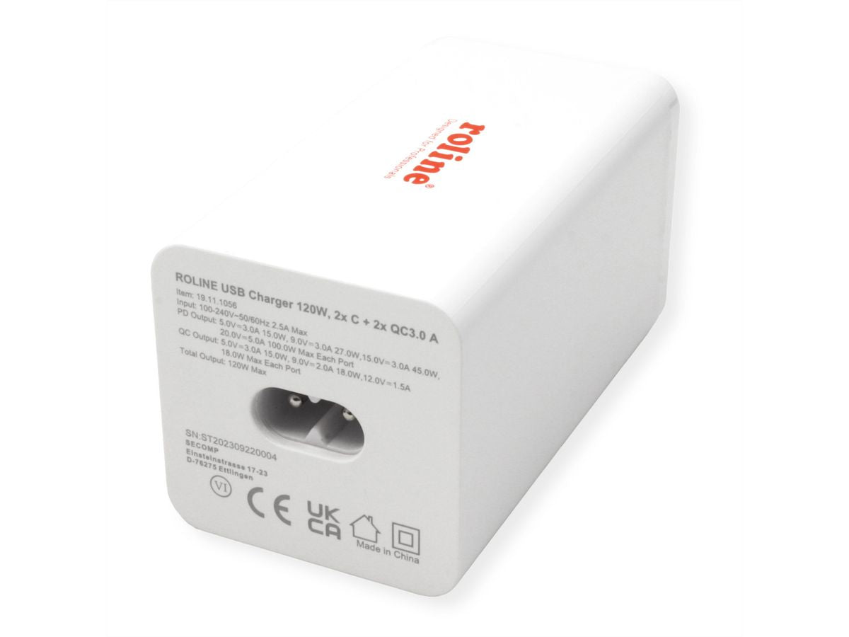 ROLINE USB-Ladegerät 120 W – USB-C×2, USB-A×2 – PD, QC 3.0 – EU-Stecker (Typ C) – Weiss