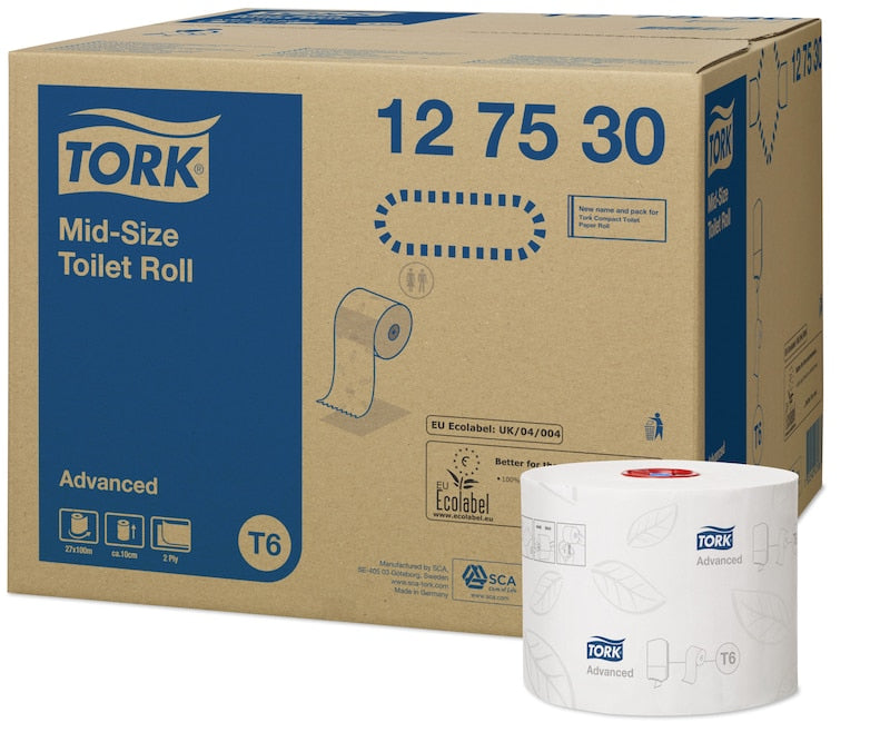 Tork Toilettenpapier Midirolle – 2-lagig, Rollenlänge 100 m, Rollendurchmesser 132 mm – 27 Rollen