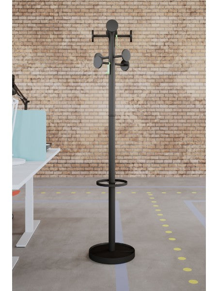 Alba Garderobenständer – 8 Haken, mit Schirmhalter, Stahl/Kunststoff, Schwarz, 35,5 × 35,5 × 175 cm