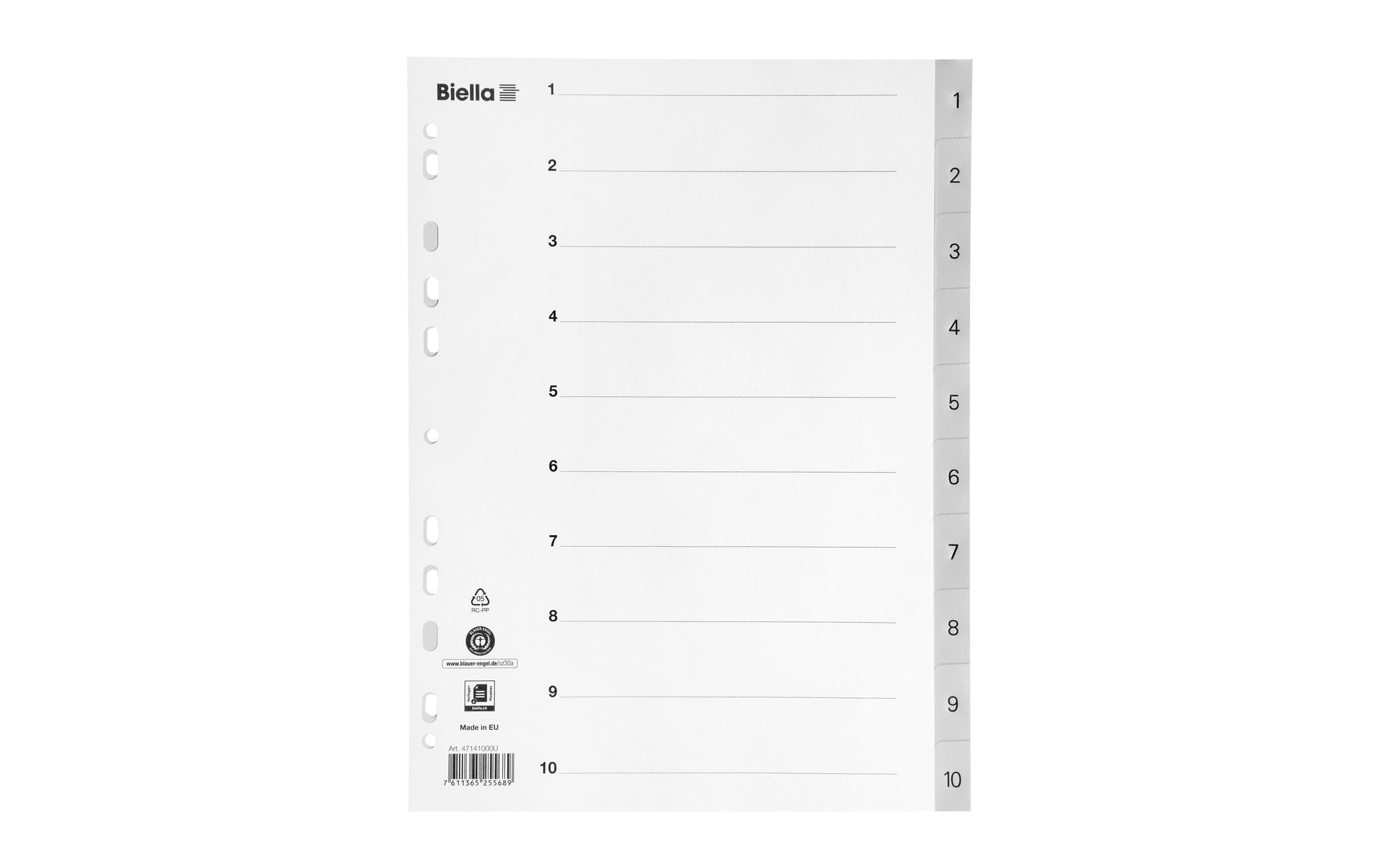 Biella Register A4 hoch – nummeriert 1–10, 10 Taben, PP grau, mit Indexblatt