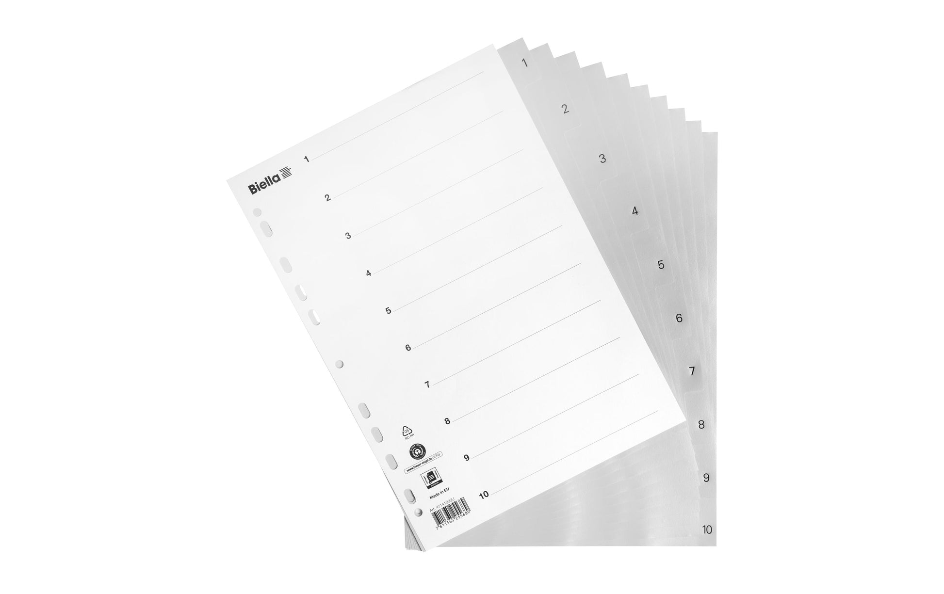 Biella Register A4 hoch – nummeriert 1–10, 10 Taben, PP grau, mit Indexblatt