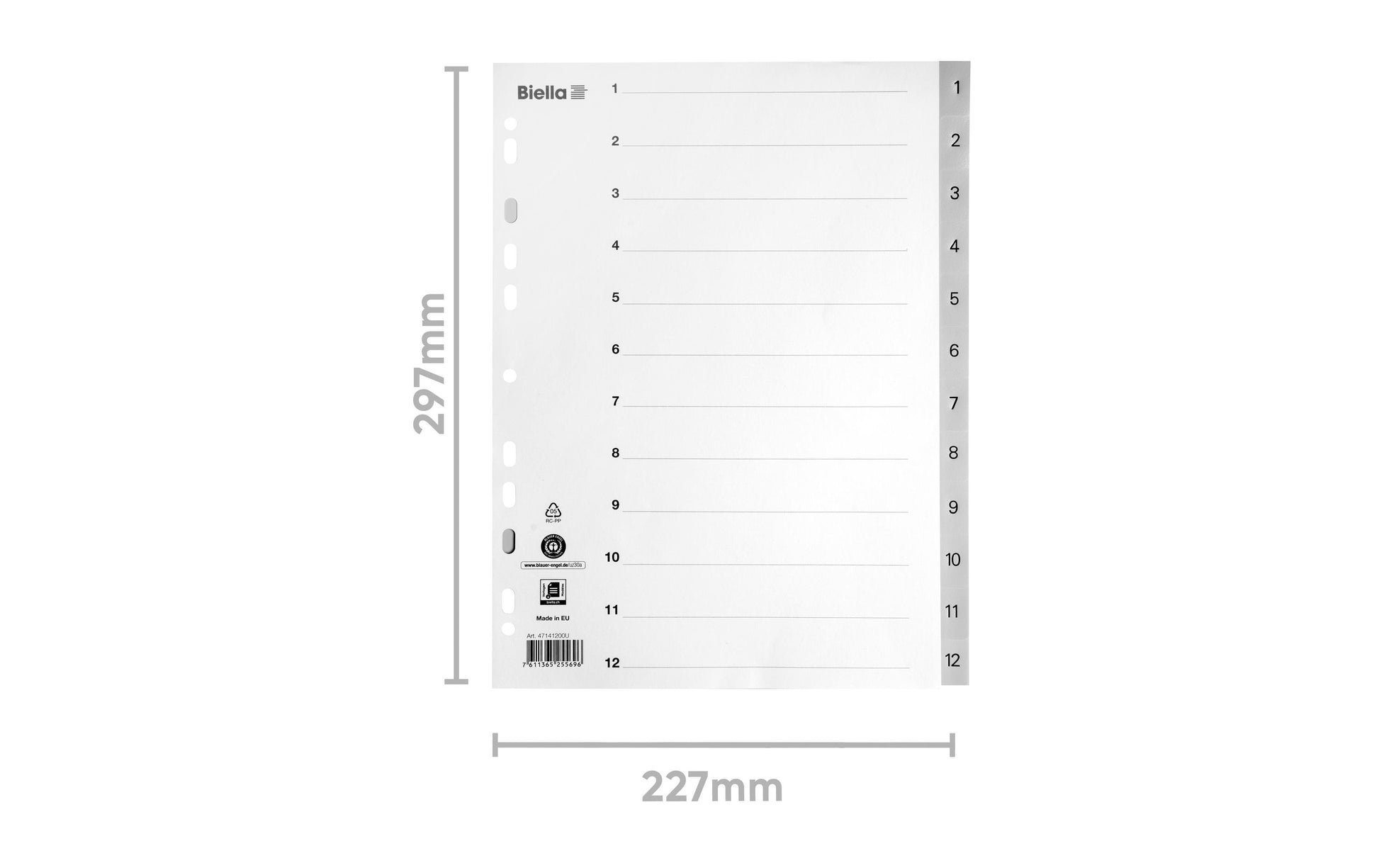 Biella Register A4 hoch – Monate Jan.–Dez., PP grau, mit Indexblatt