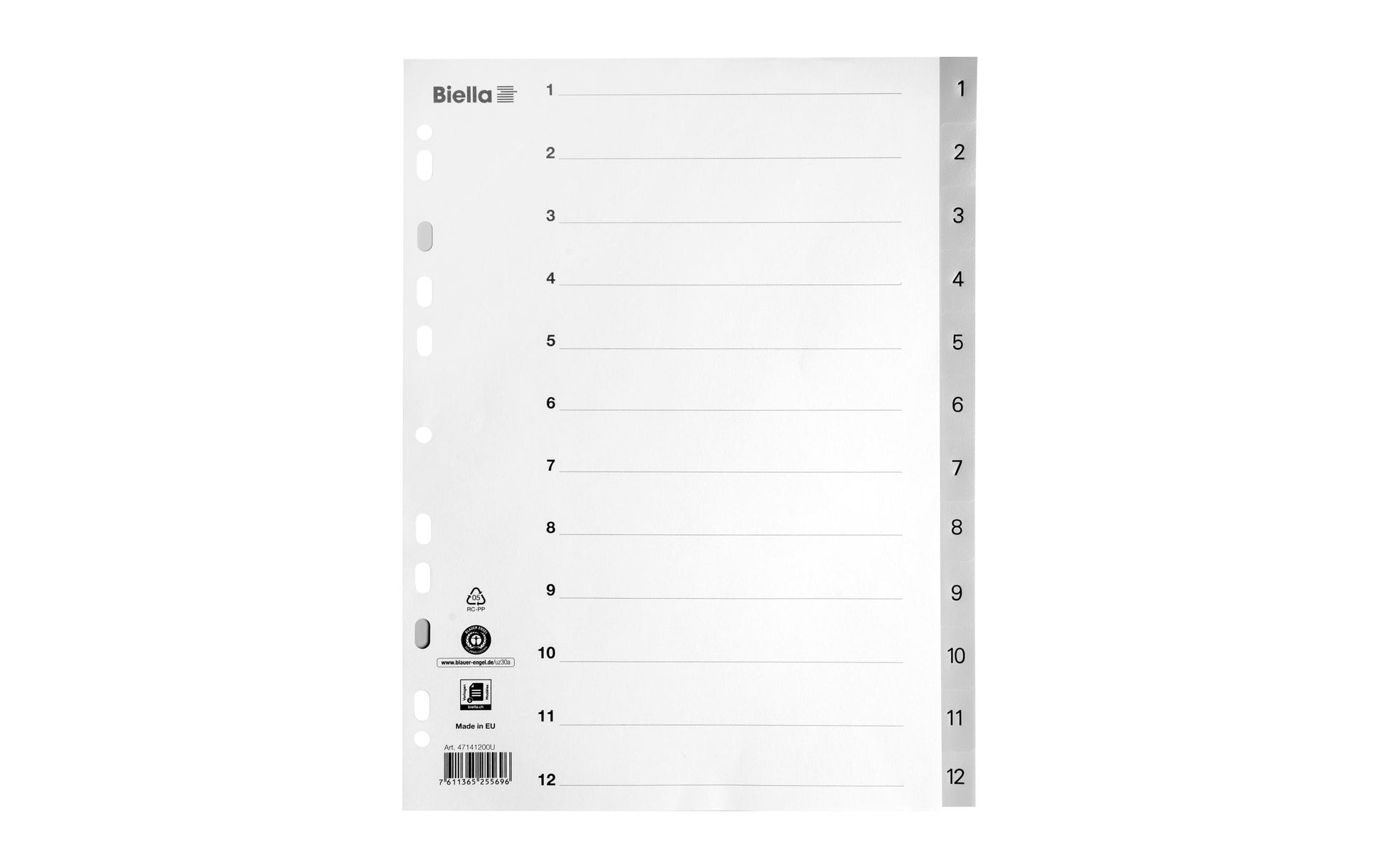 Biella Register A4 hoch – Monate Jan.–Dez., PP grau, mit Indexblatt