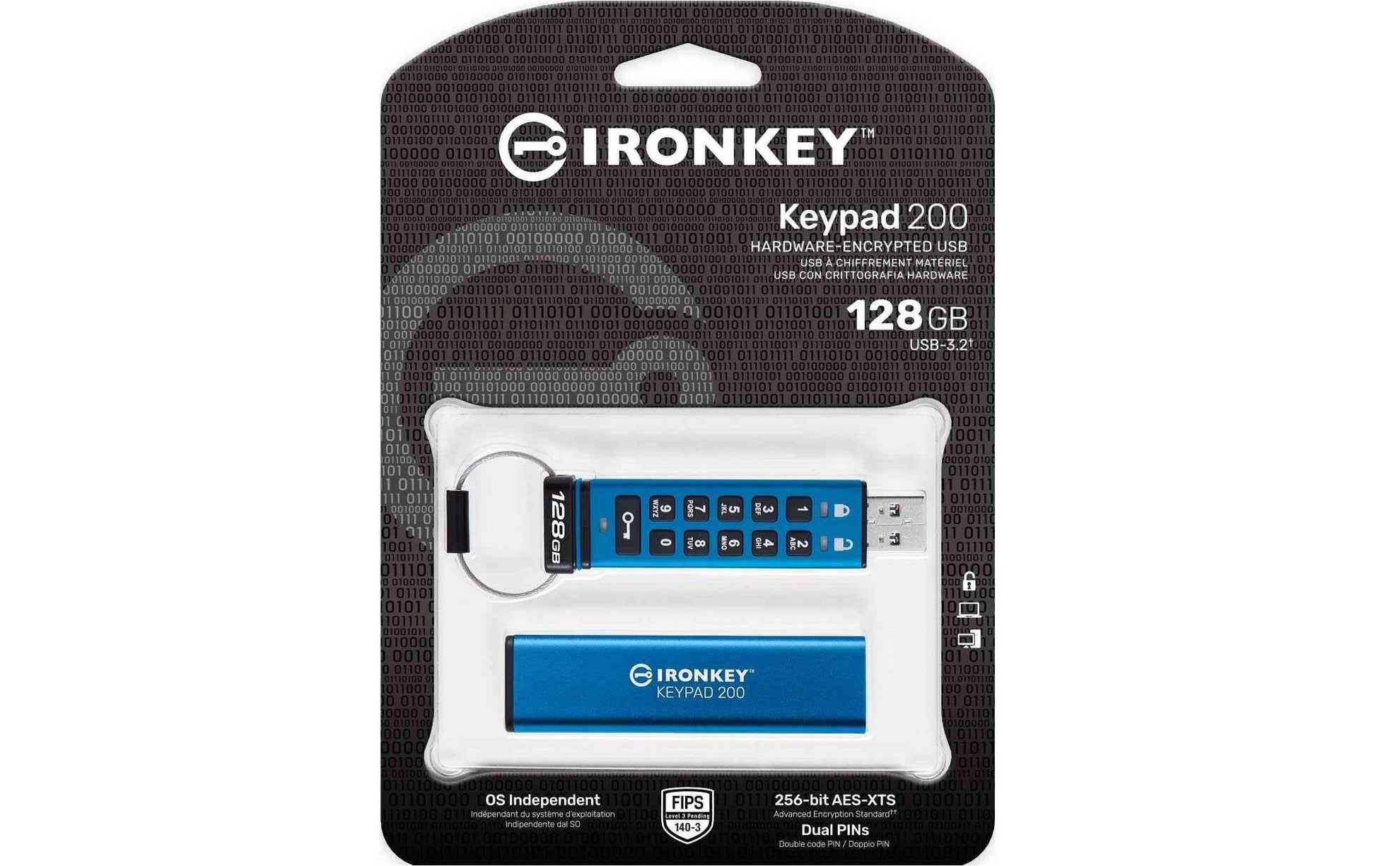 Kingston Technology Kingston IronKey KEYPAD200 USB-Stick – 256 GB, AES-256, FIPS 140-3 Level 3 (ausstehend), Tastenfeld