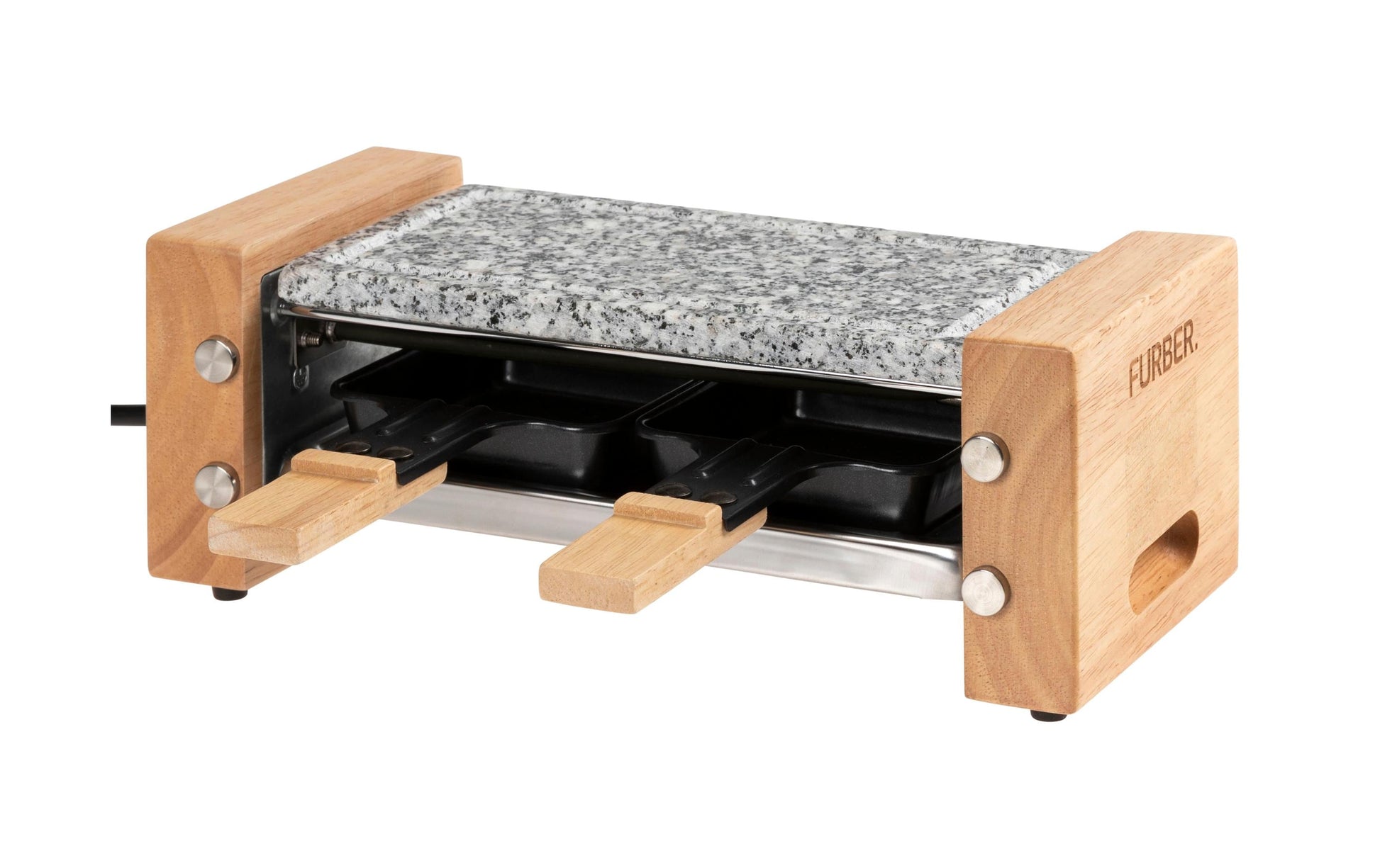 Furber. Furber Raclette-Grill Festa F00793 – 2 Personen, 350 W, Stein-Grillplatte – Schwarz/Marmor/Holz