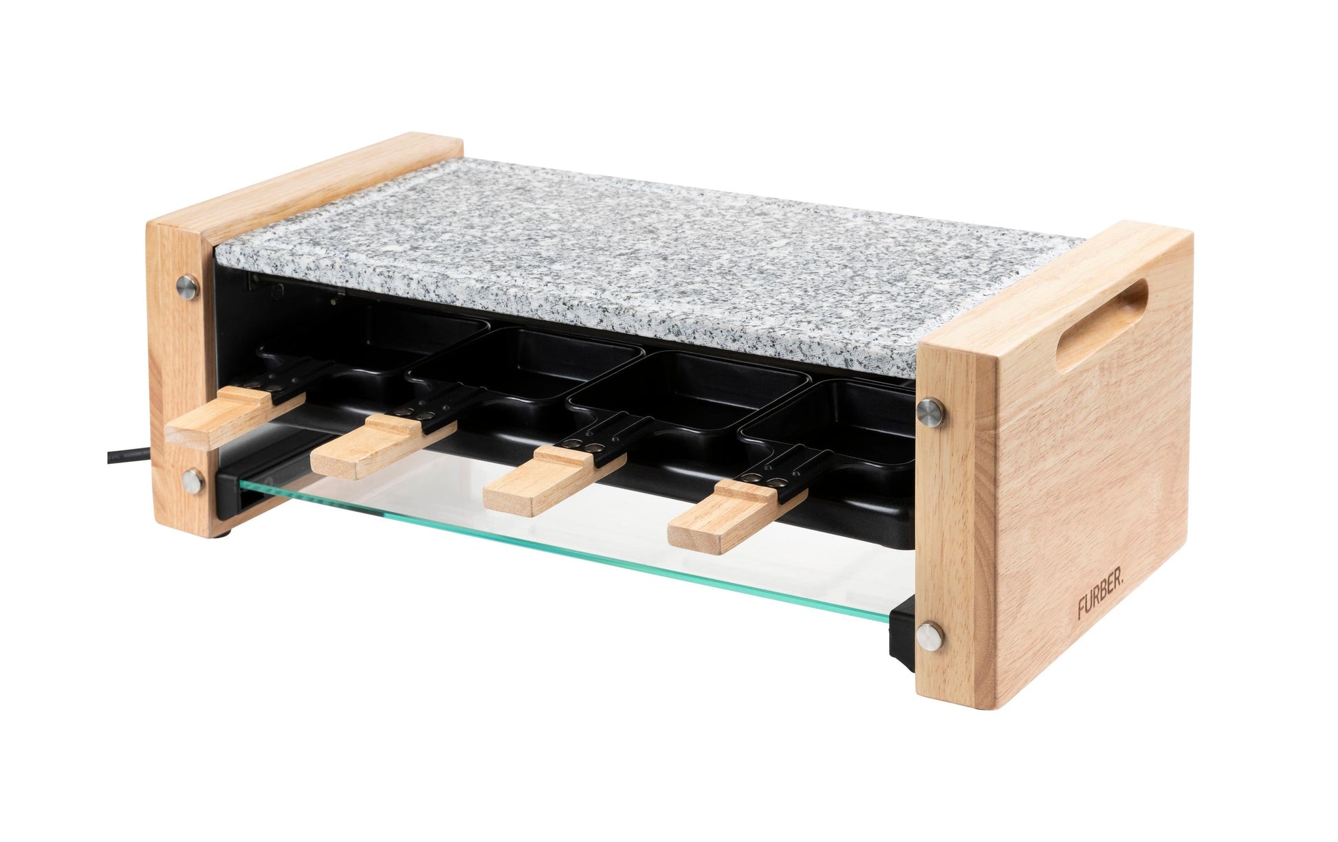 Furber. Furber Racletteofen Festa – 8 Personen, 1200 W, Steinplatte – Schwarz/Marmor/Holz