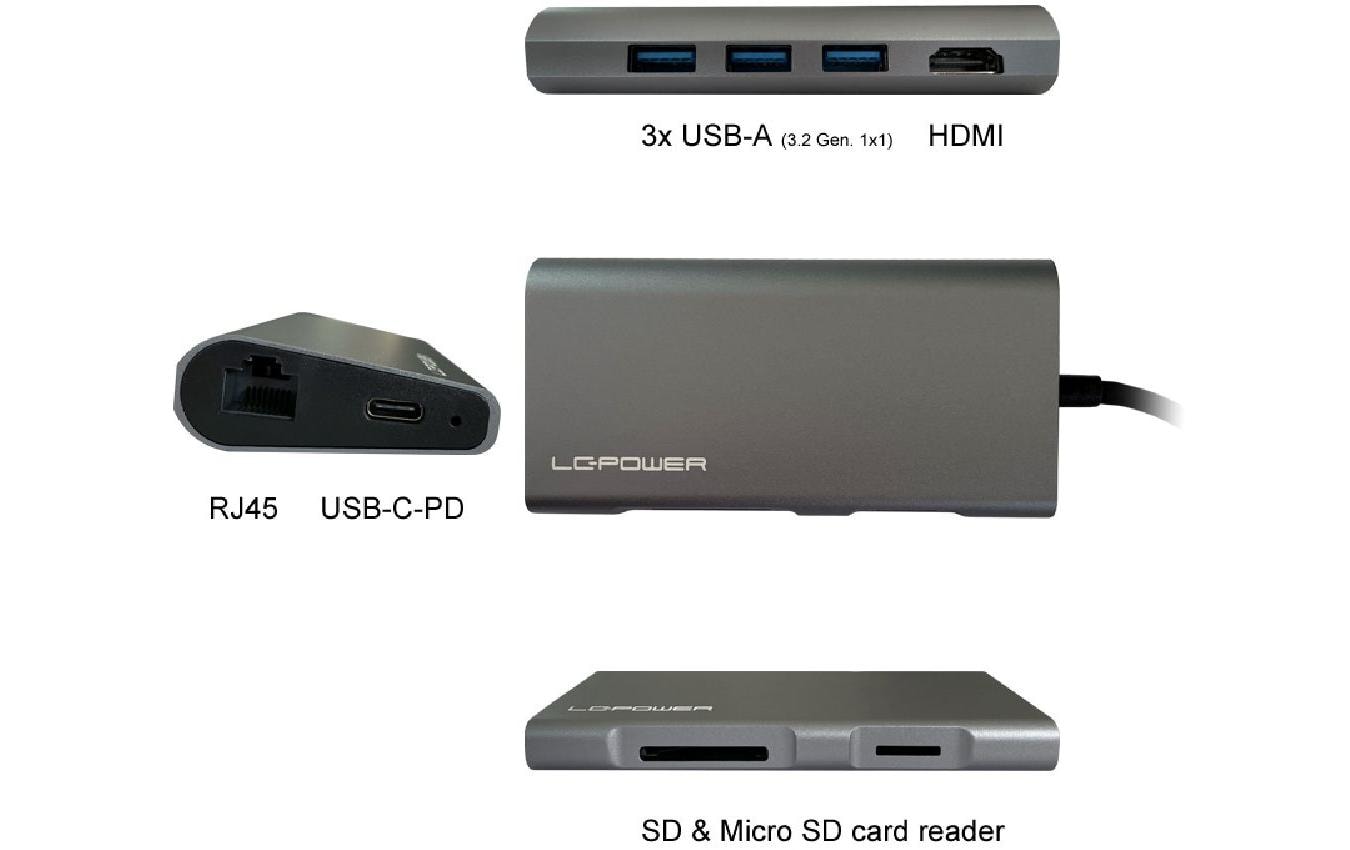 LC-Power LC-C-multi-5 Multiport-Adapter – USB-C, 1× HDMI, 3× USB-A, 1× USB-C, 100 W PD, GbE, SD/microSD