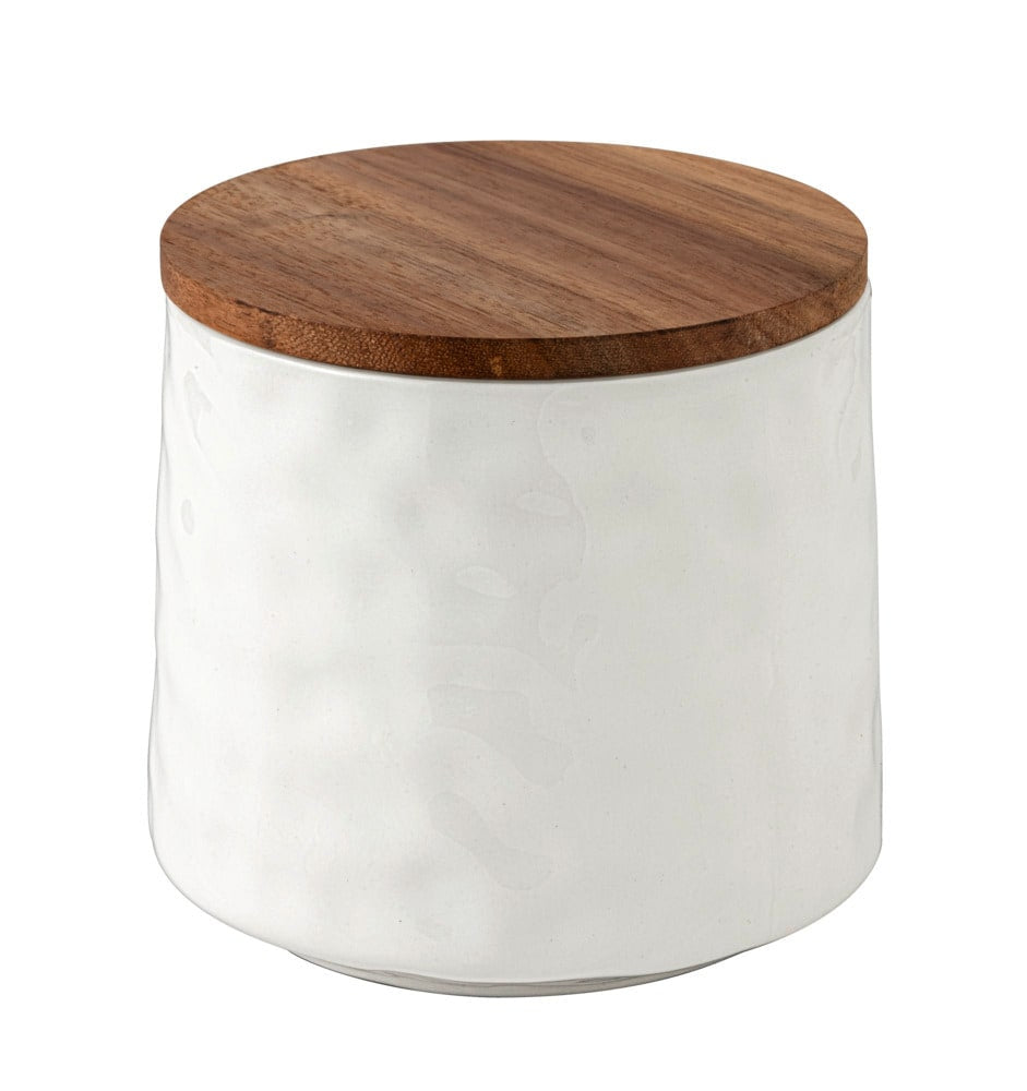 WENKO Vorratsdose 550 ml, Ø 11 × 10 cm, Keramik/Holz, Weiss/Braun
