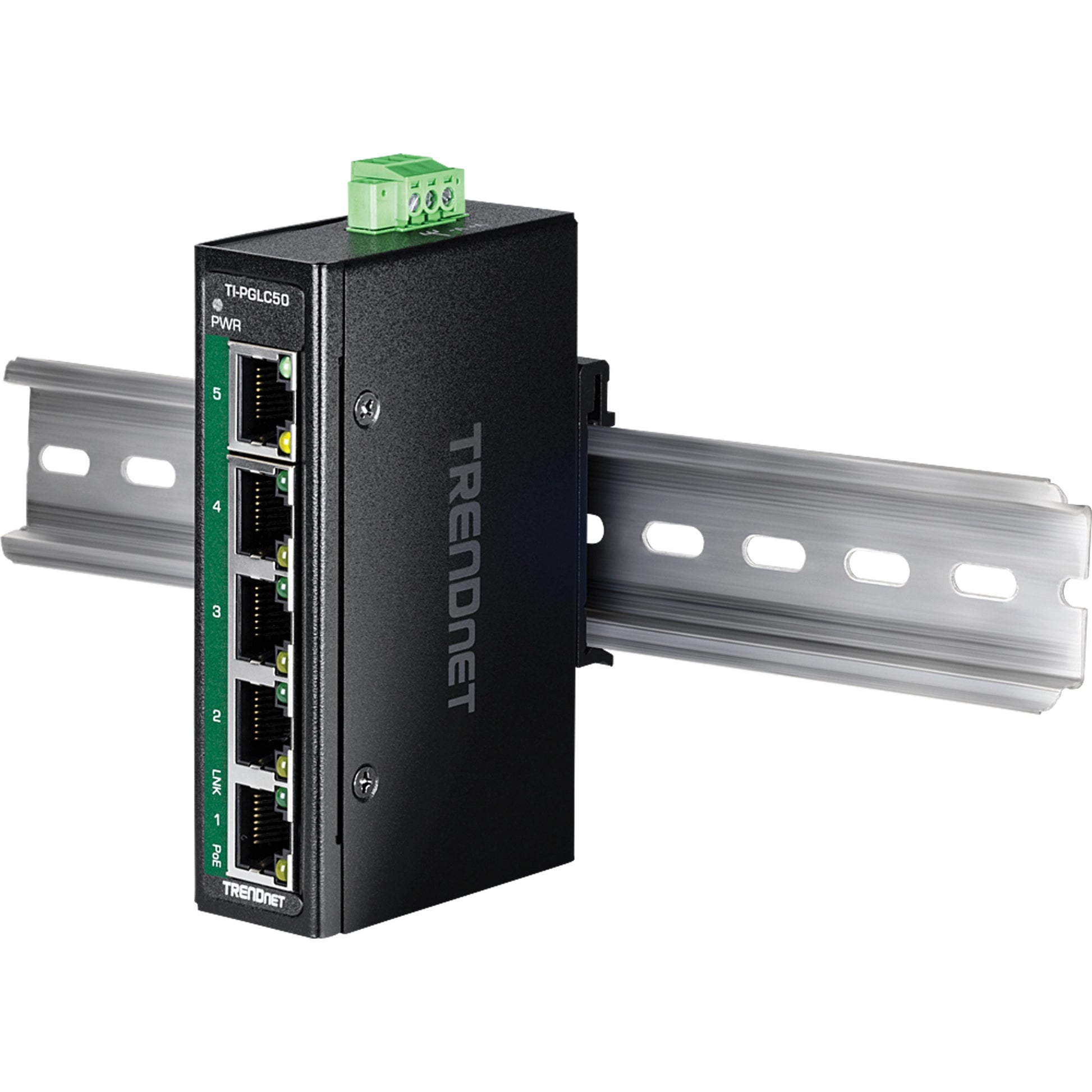 TRENDnet TI-PGLC50 – Unmanaged Switch – 4×PoE+ GbE, 1×GbE, PoE+ 90 W, DIN-Rail, IP30