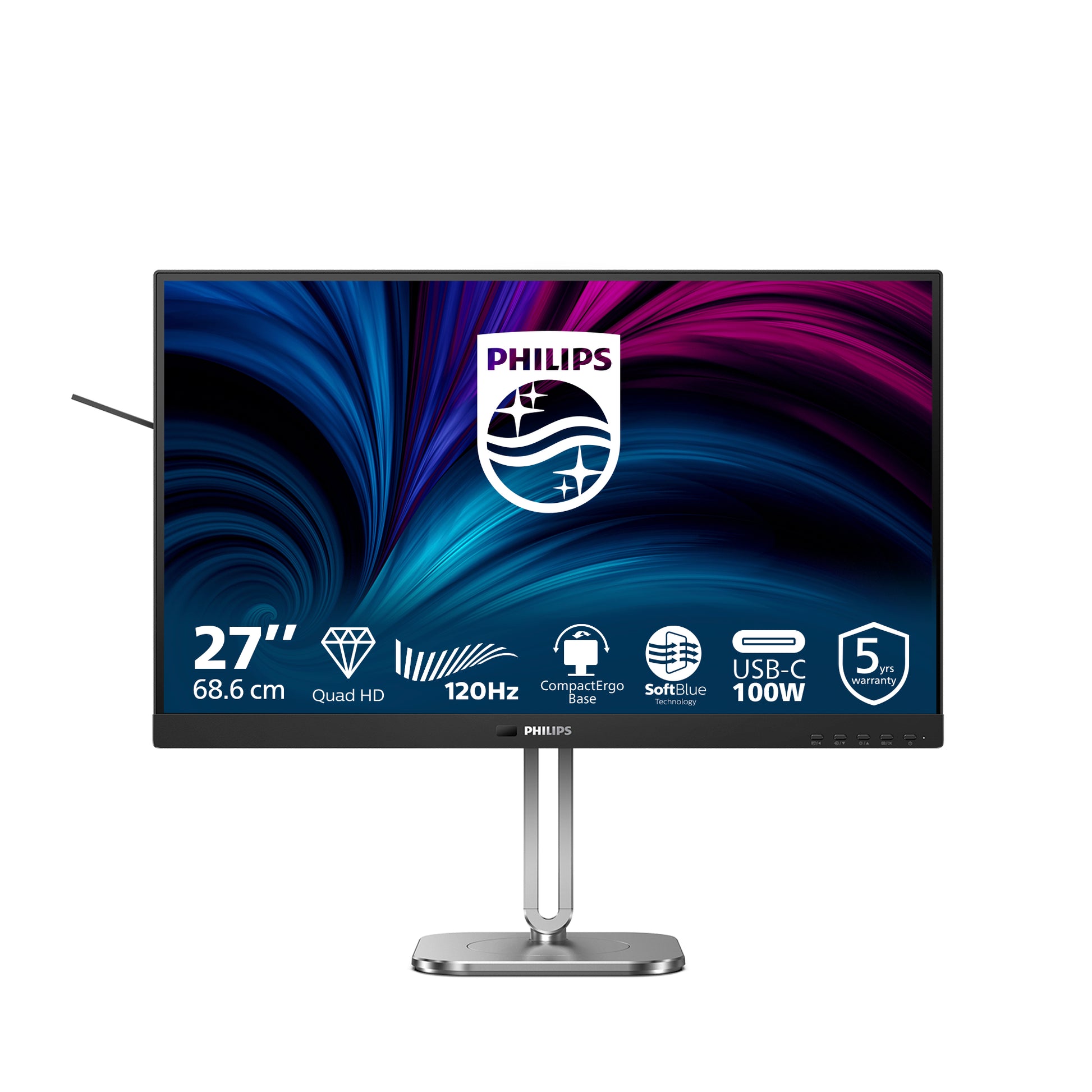 Philips 27B2U4601/00 – Monitor, 27", IPS, 120 Hz, USB-C (PD 100W), Pivot, Lautsprecher, Dunkelgrau
