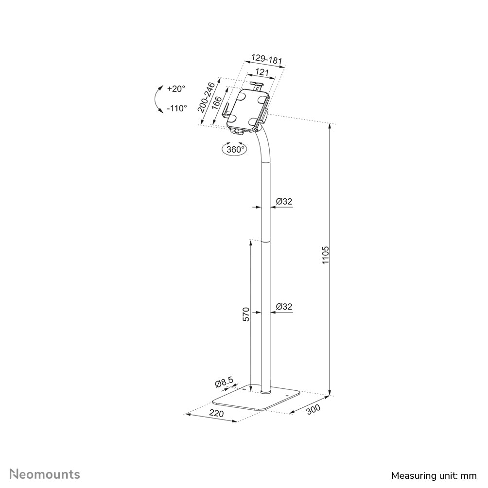 Neomounts Tablet-Bodenständer für 7,9–11" Tablets – dreh-/neigbar – Stahl, schwarz – FL15-625BL1