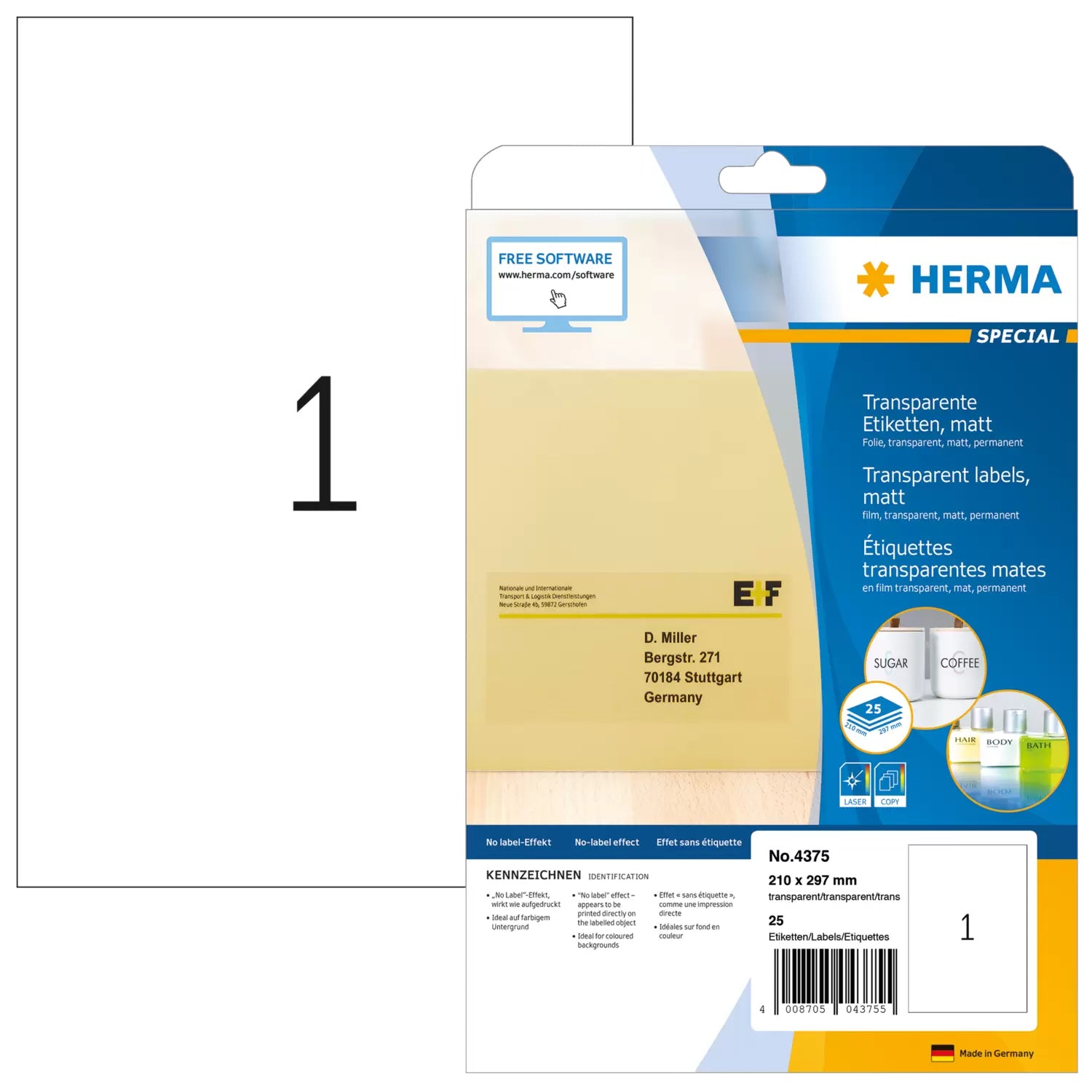 HERMA Drucketiketten, 210 mm × 297 mm, transparent, Folie, permanent, 25 Blatt