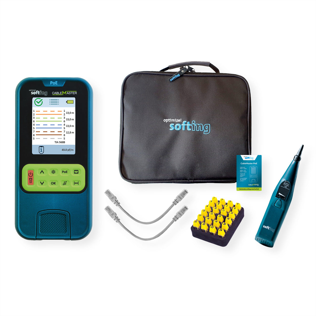 Softing IT Networks CableMaster PoE Kit – Netzwerk-Kabeltester – RJ45, PoE bis 90 W, 3,5" Farbdisplay