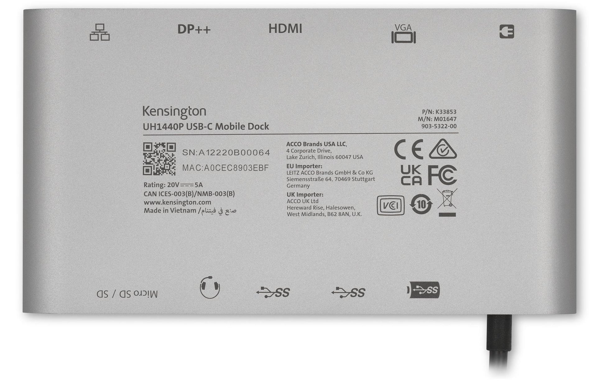 Kensington UH1440P Multiport-Adapter – USB-C, DP/HDMI/VGA, 3× USB-A, 85 W PD, GbE, für Windows/Mac/iPadOS