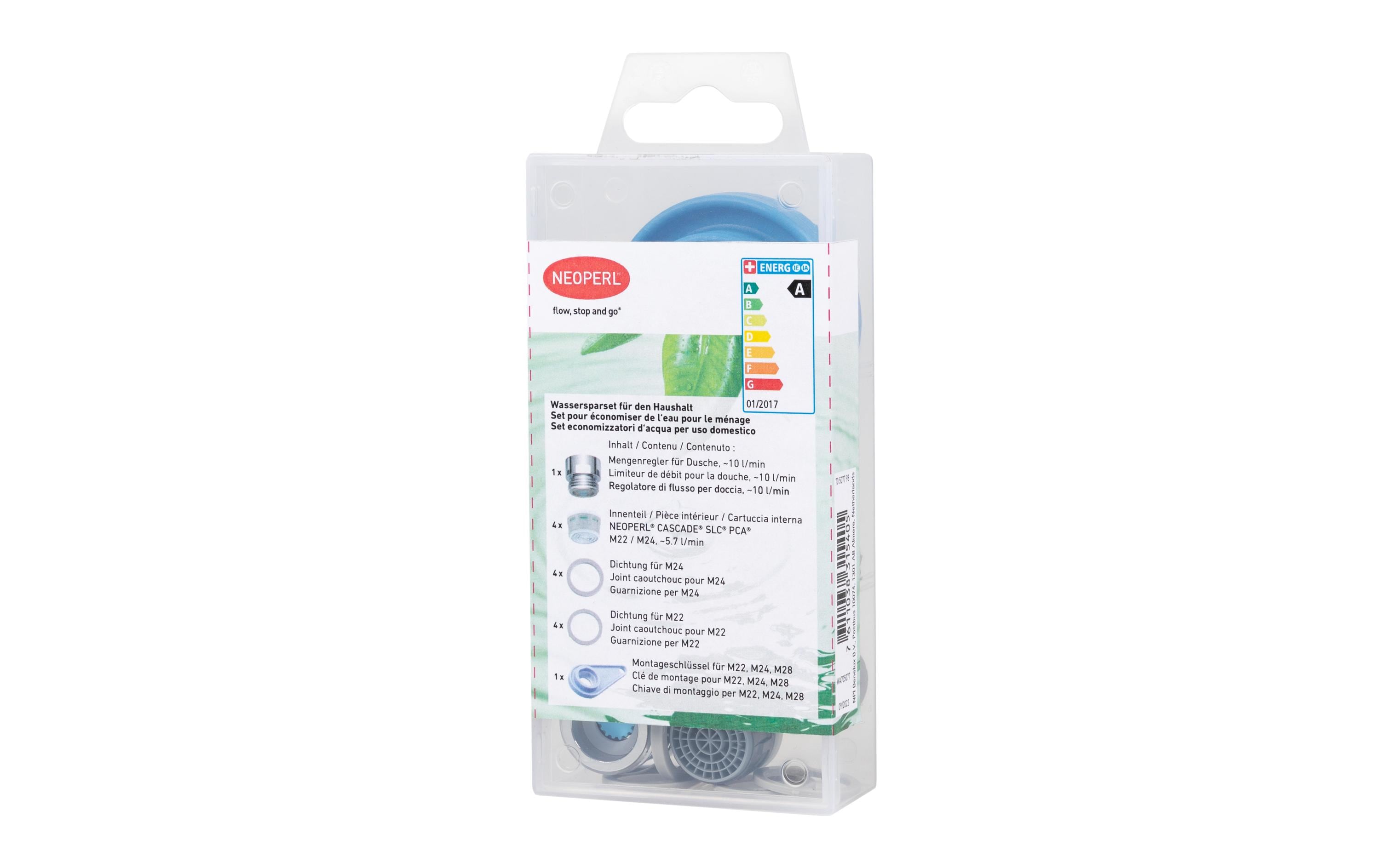 Neoperl Wassersparset Cascade SLC AC – ca. 10 l/min, Kunststoff, M22 Anschluss, verchromt, 14-teilig