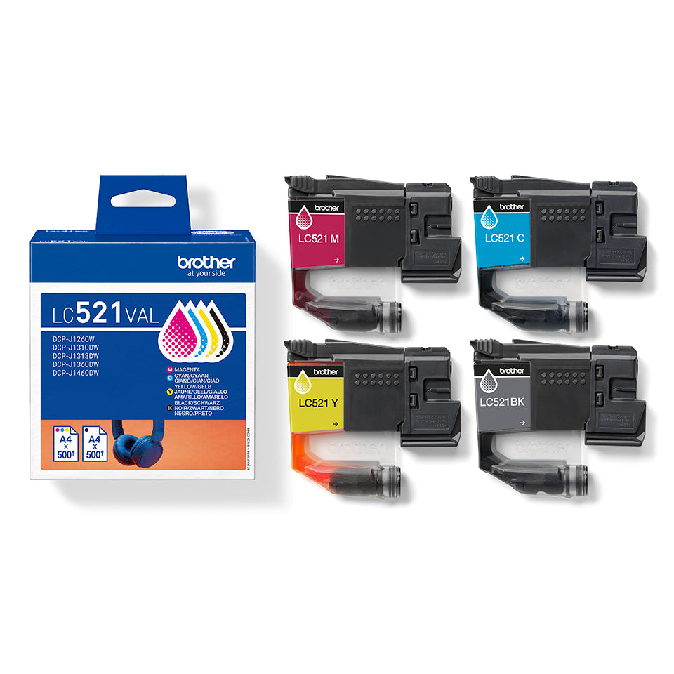 Brother LC521VAL Tintenpatronen-Multipack, Schwarz/Cyan/Magenta/Gelb (Original) – für DCP-J1260W/1310DW/1313DW