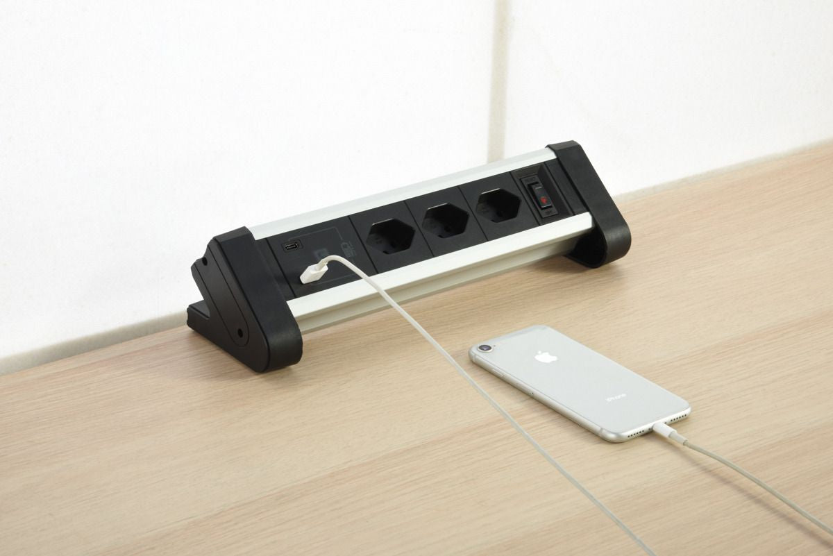 M. Schönenberger Steckdoseneinheit – 3×T13, USB‑A/USB‑C 20 W, 3 m Kabel, Schalter, Tisch