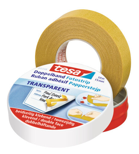 TESA Doppelseitiges Klebeband Fotostrip – permanent, Textil, 15 mm × 10 m, transparent