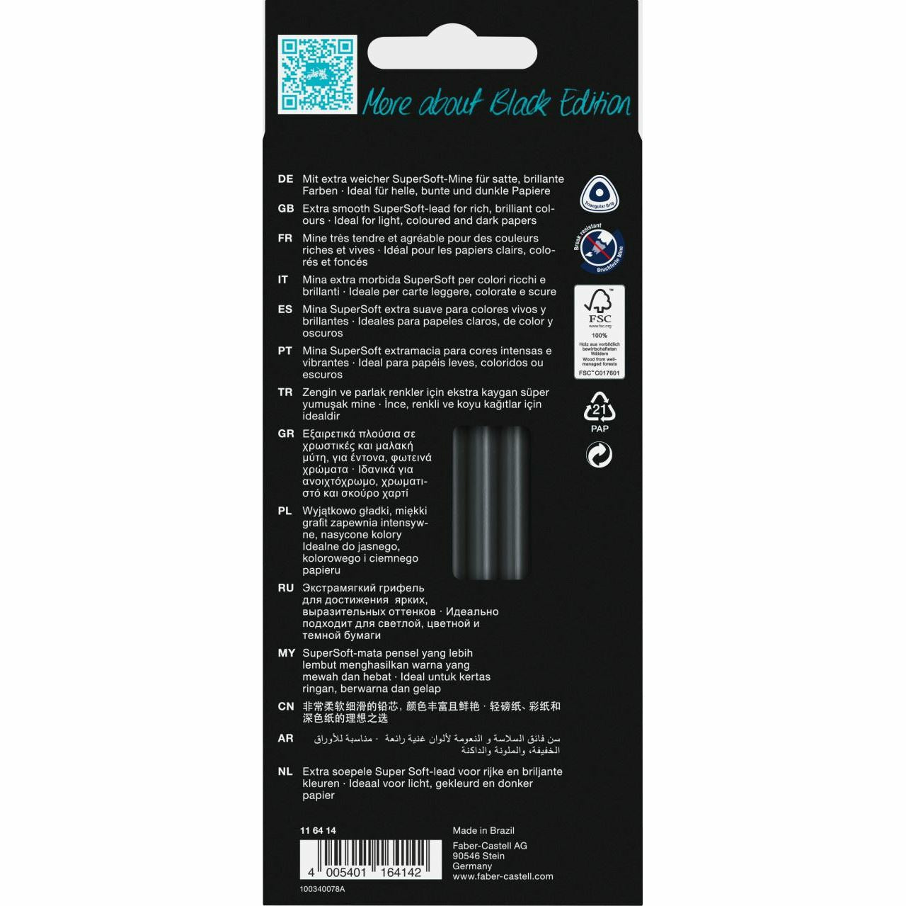 Faber-Castell Buntstifte Black Edition – 12 Farben, im Kartonetui, Ø 3 mm, dreikantig, FSC