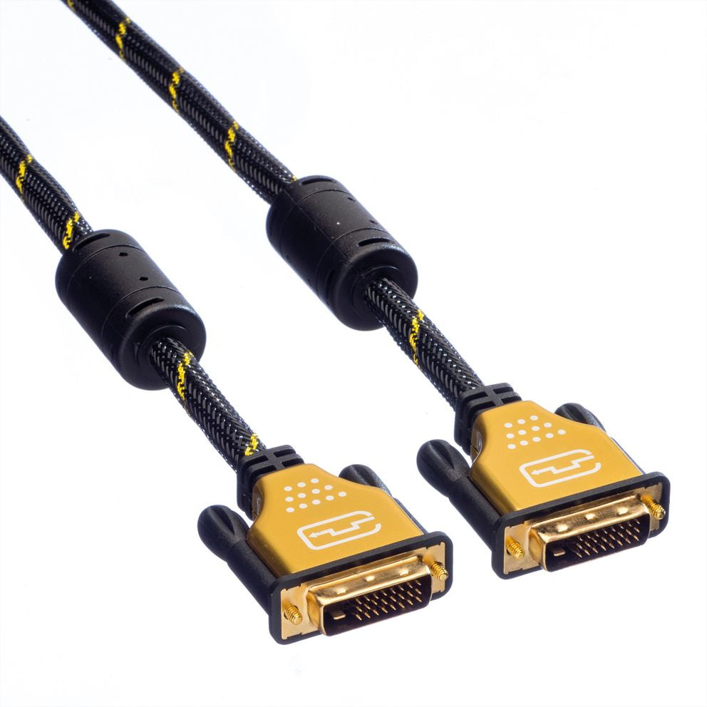 ROLINE DVI-D Dual-Link Kabel 4K 30 Hz – 5 m – Geflochten, Verriegelbar – Schwarz/Gold