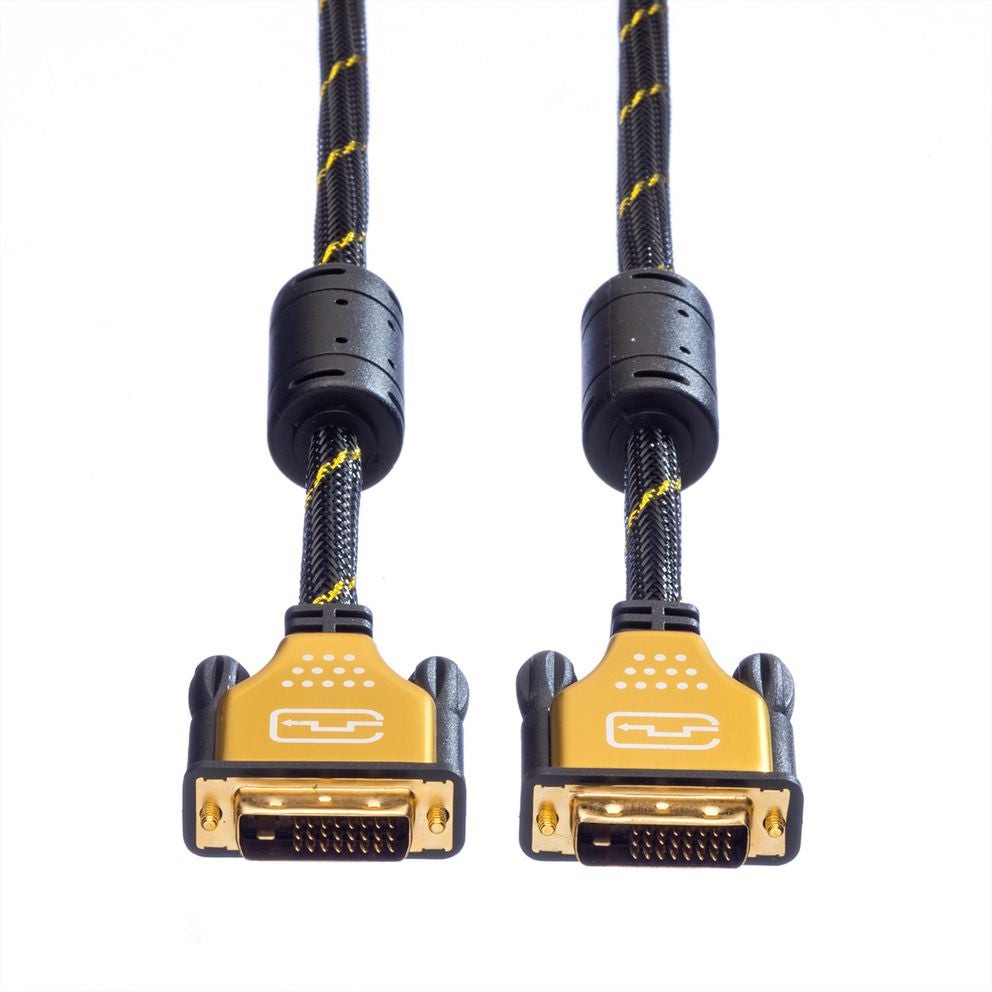 ROLINE DVI-D Dual-Link Kabel 4K 30 Hz – 5 m – Geflochten, Verriegelbar – Schwarz/Gold