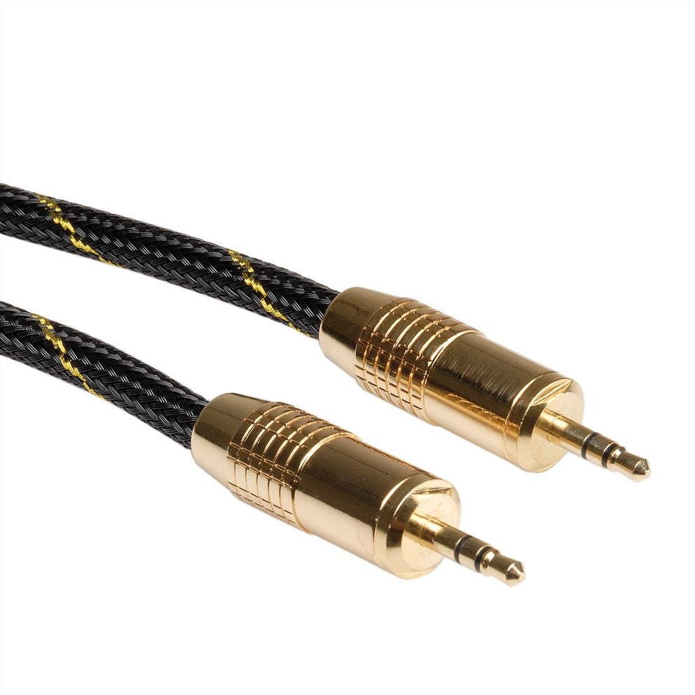 ROLINE 3,5-mm-Klinkenkabel – Stecker zu Stecker – 10 m, vergoldete Stecker, Schwarz-Gold