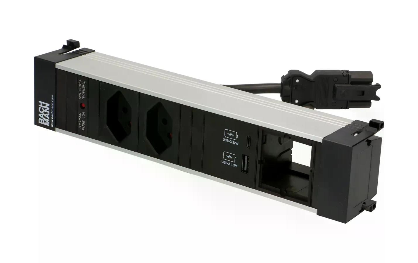Bachmann POWER FRAME Steckdoseneinheit – 2×T13, 1×USB‑A, Einbau, Aluminium