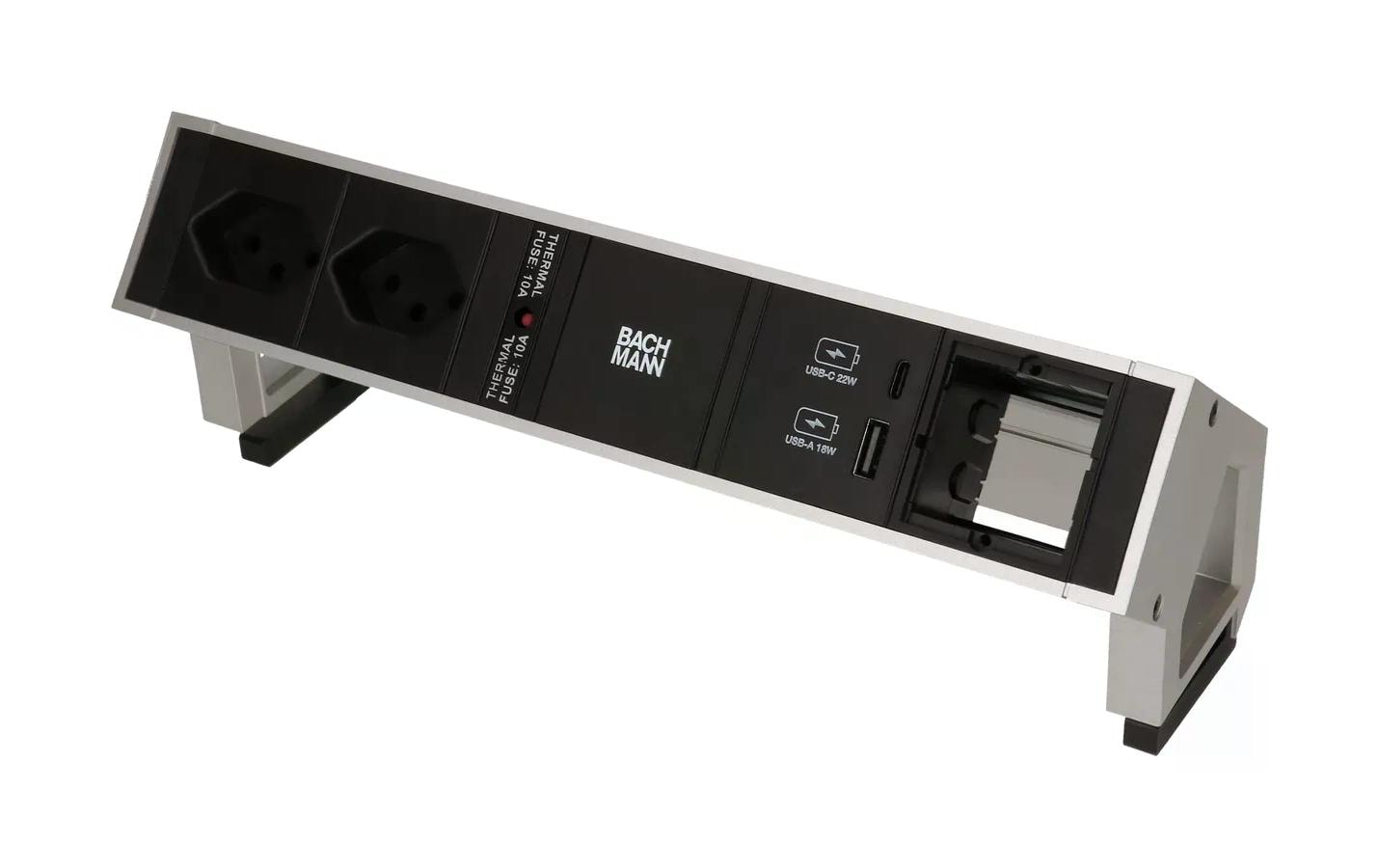 Bachmann DESK 2 Tischsteckdosenleiste, 2×T13, 1×USB-C, ohne Schalter, 0,2 m, Aluminium – silber