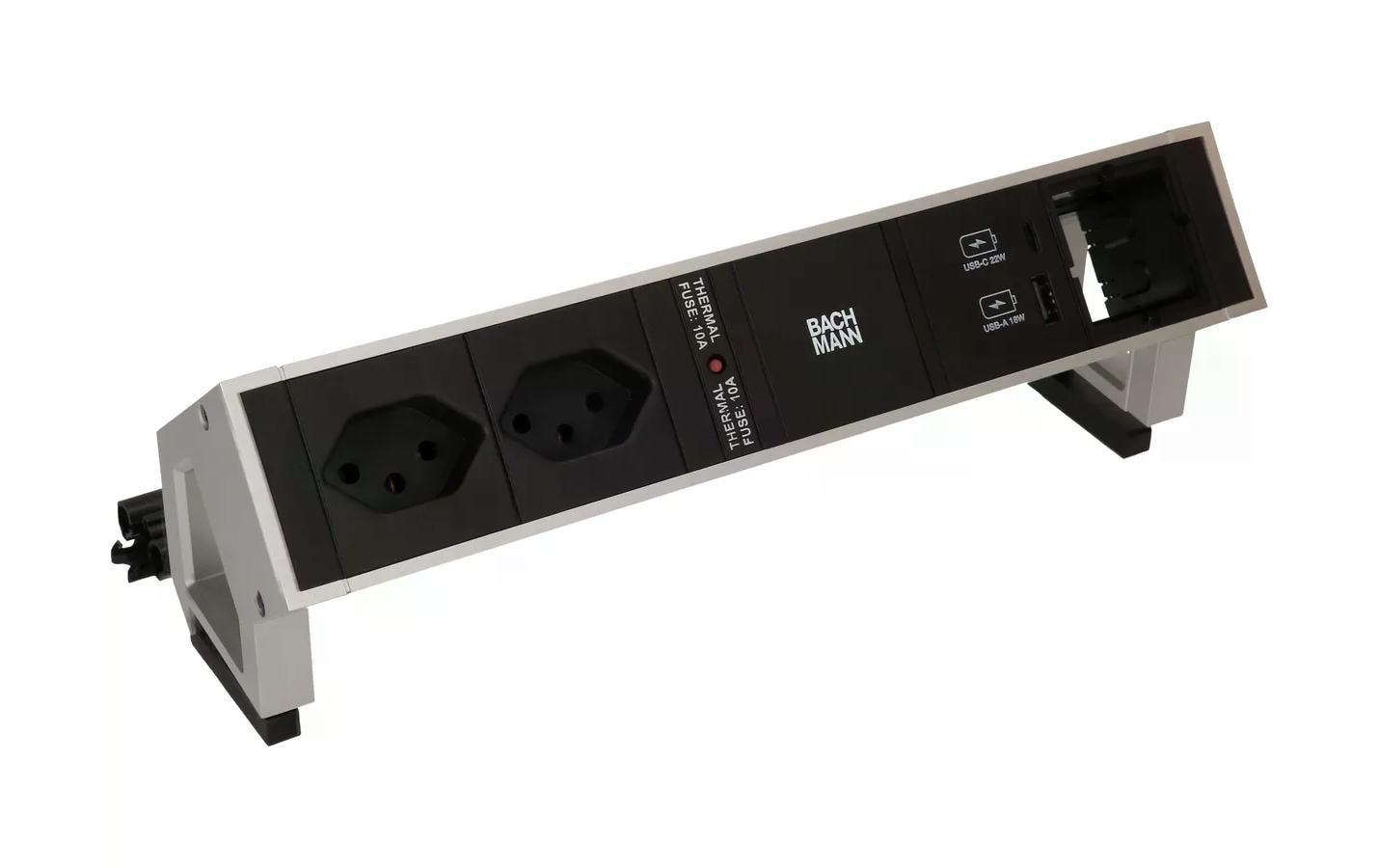 Bachmann DESK 2 Tischsteckdosenleiste, 2×T13, 1×USB-C, ohne Schalter, 0,2 m, Aluminium – silber