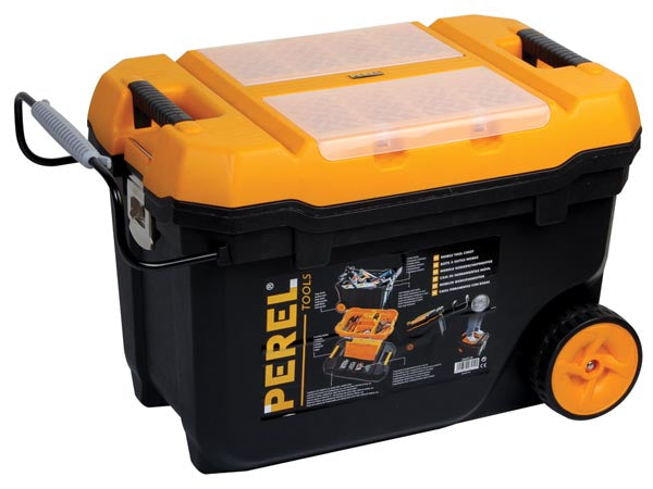Perel OMTC28 Werkzeugbox – leer, mit Trolley, 2 Rollen, abschliessbar, schwarz/gelb, B 670 × H 400 × T 420 mm