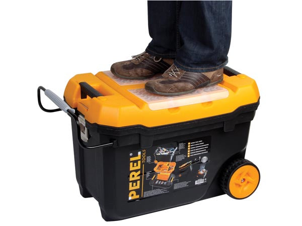 Perel OMTC28 Werkzeugbox – leer, mit Trolley, 2 Rollen, abschliessbar, schwarz/gelb, B 670 × H 400 × T 420 mm